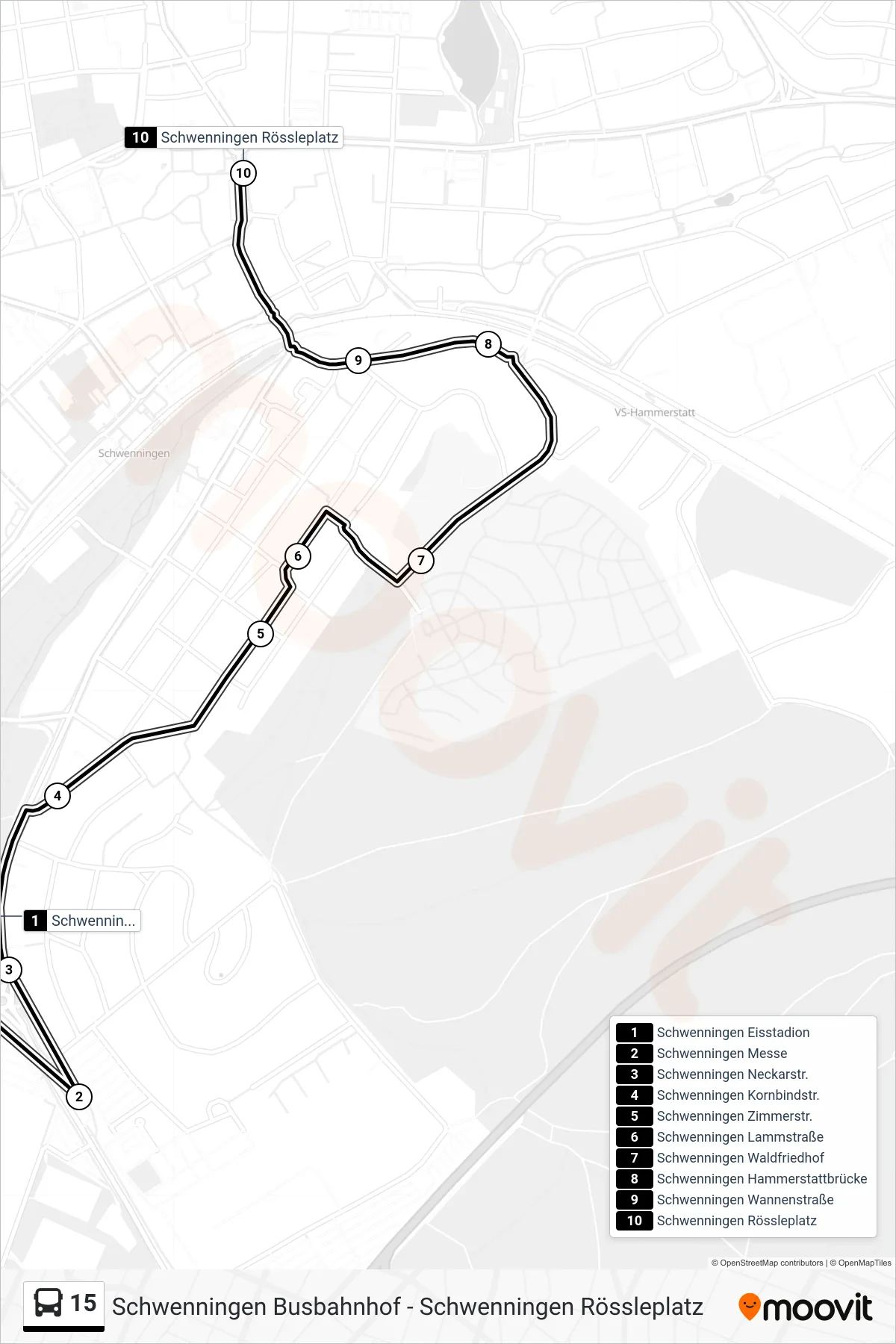 Linie 15 (Bus) Richtung Schwenningen Rössleplatz: Route und Haltestellen auf der Karte