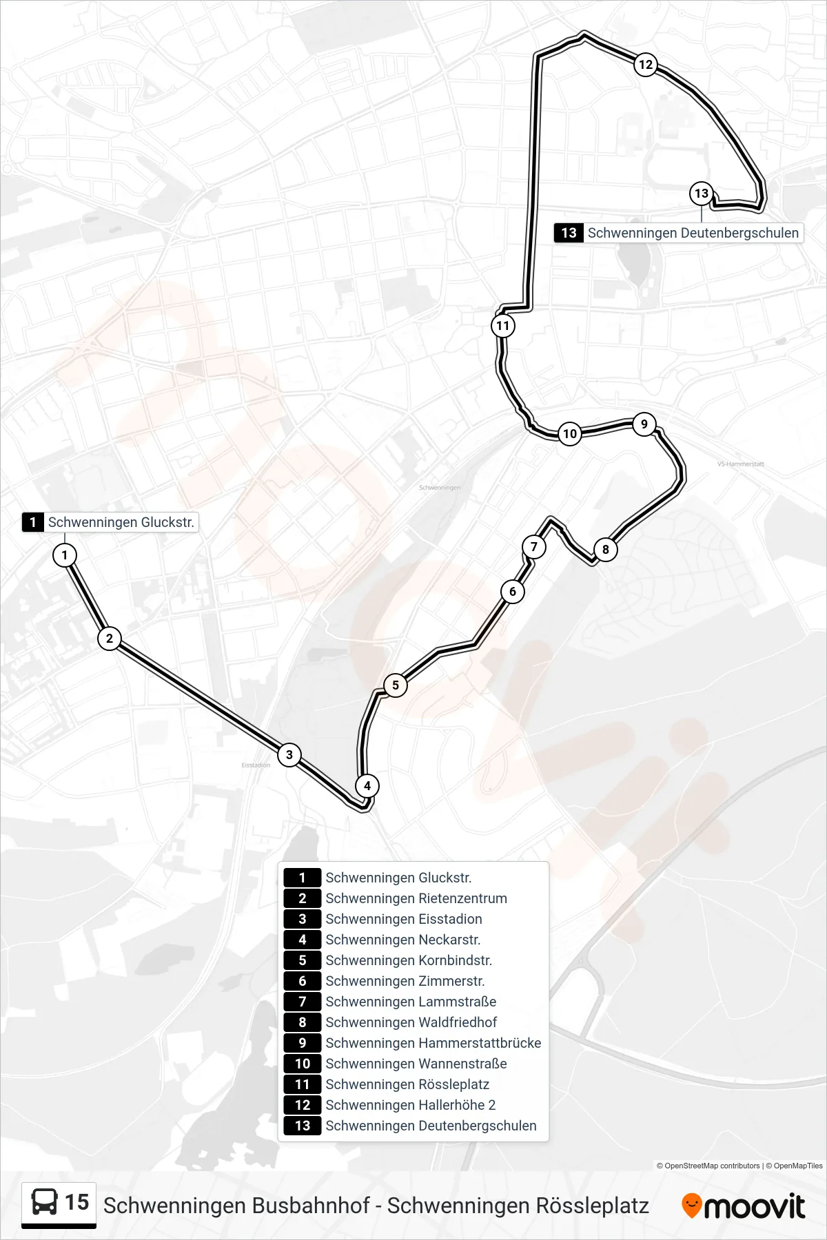 15 bus Line (Schwenningen Deutenbergschulen) route and stops on a map