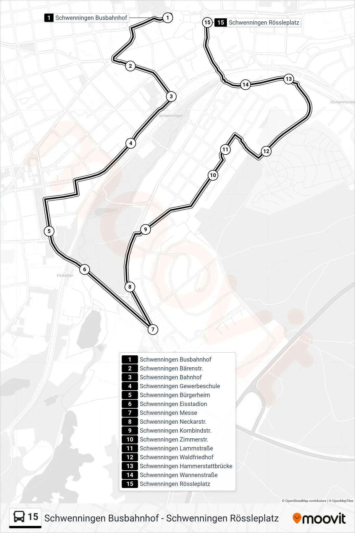 15 bus Line (Schwenningen Rössleplatz) route and stops on a map
