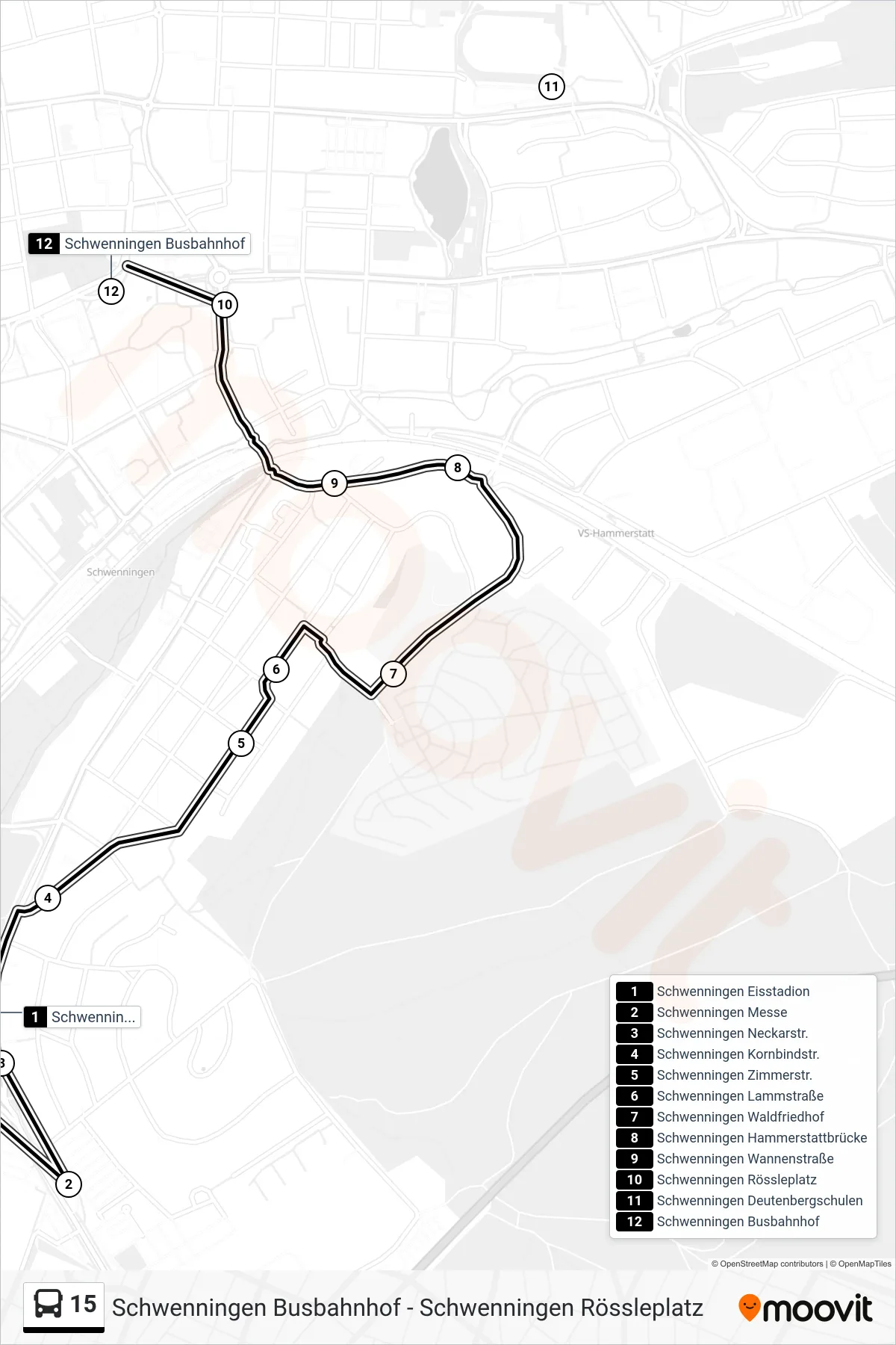 15 bus Line (Schwenningen Busbahnhof) route and stops on a map