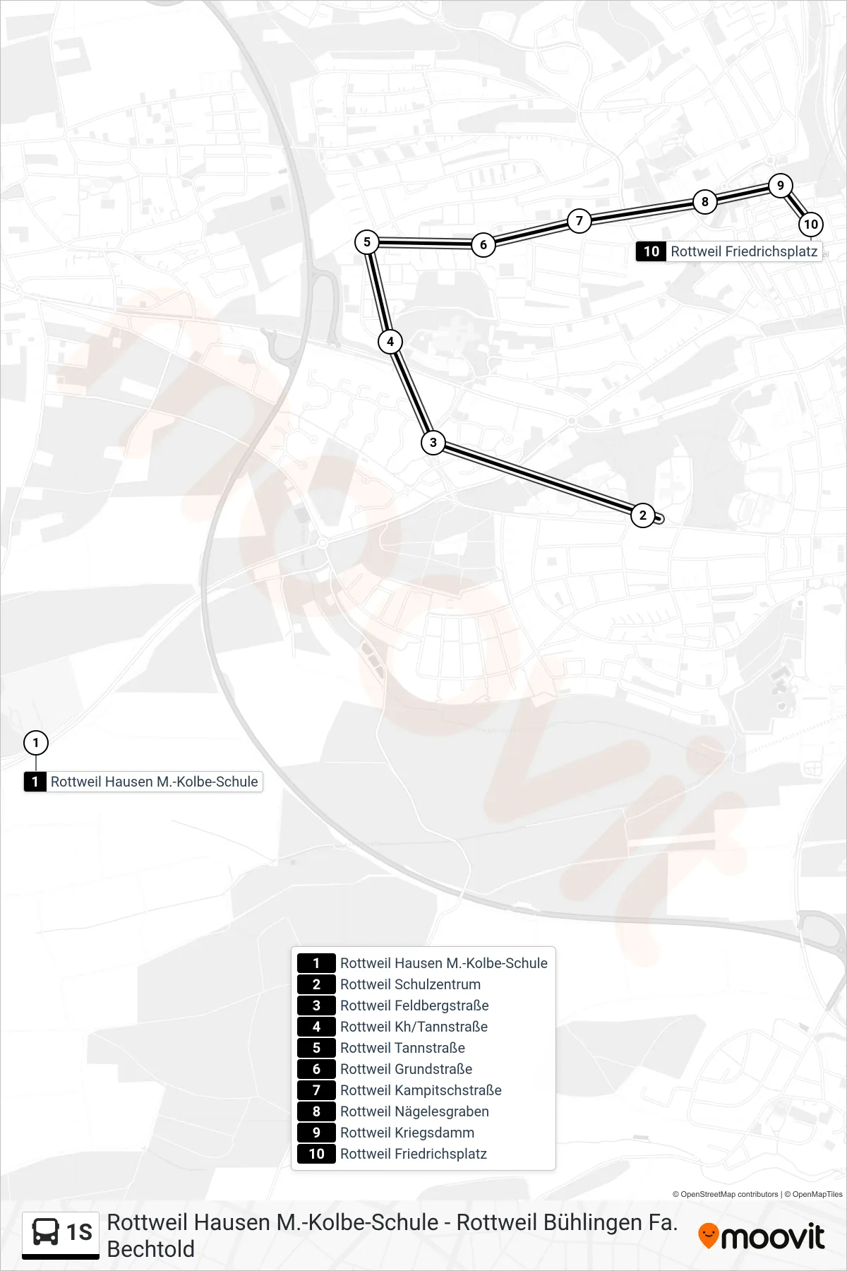 1S bus Line (Rottweil Friedrichsplatz) route and stops on a map