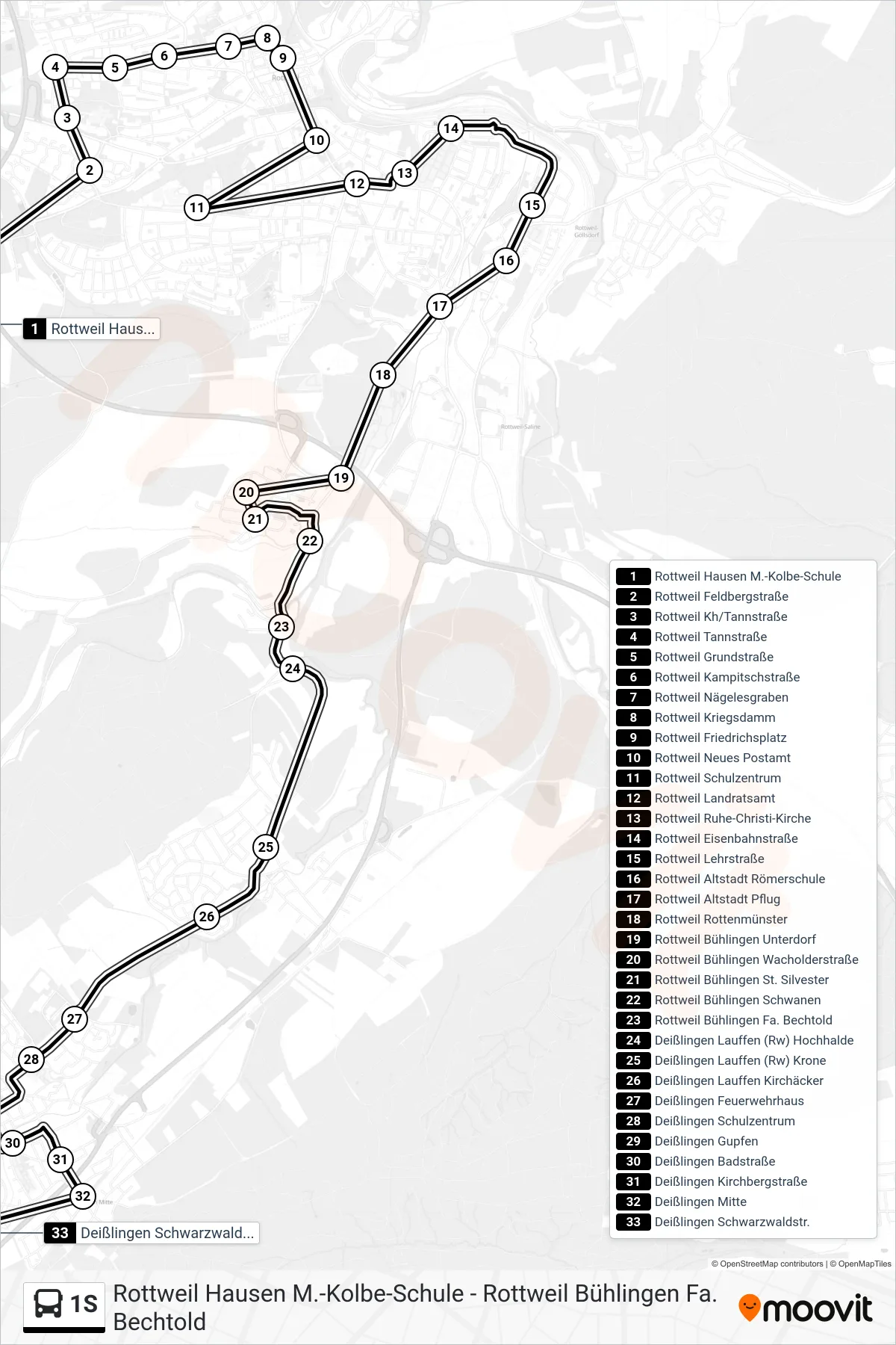 Linie 1S (Bus) Richtung Deißlingen Schwarzwaldstr.: Route und Haltestellen auf der Karte