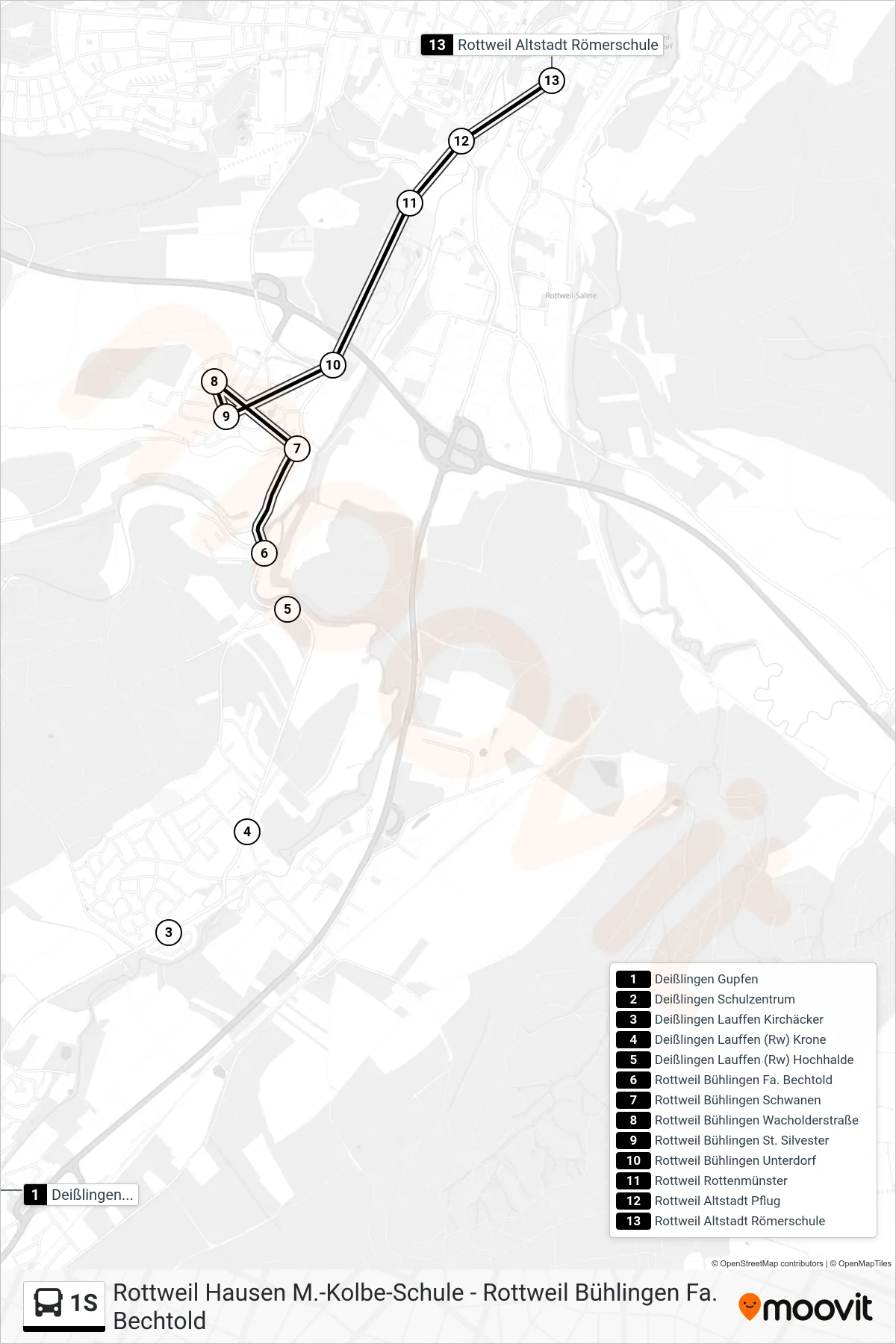 1S bus Line (Rottweil Altstadt Römerschule) route and stops on a map
