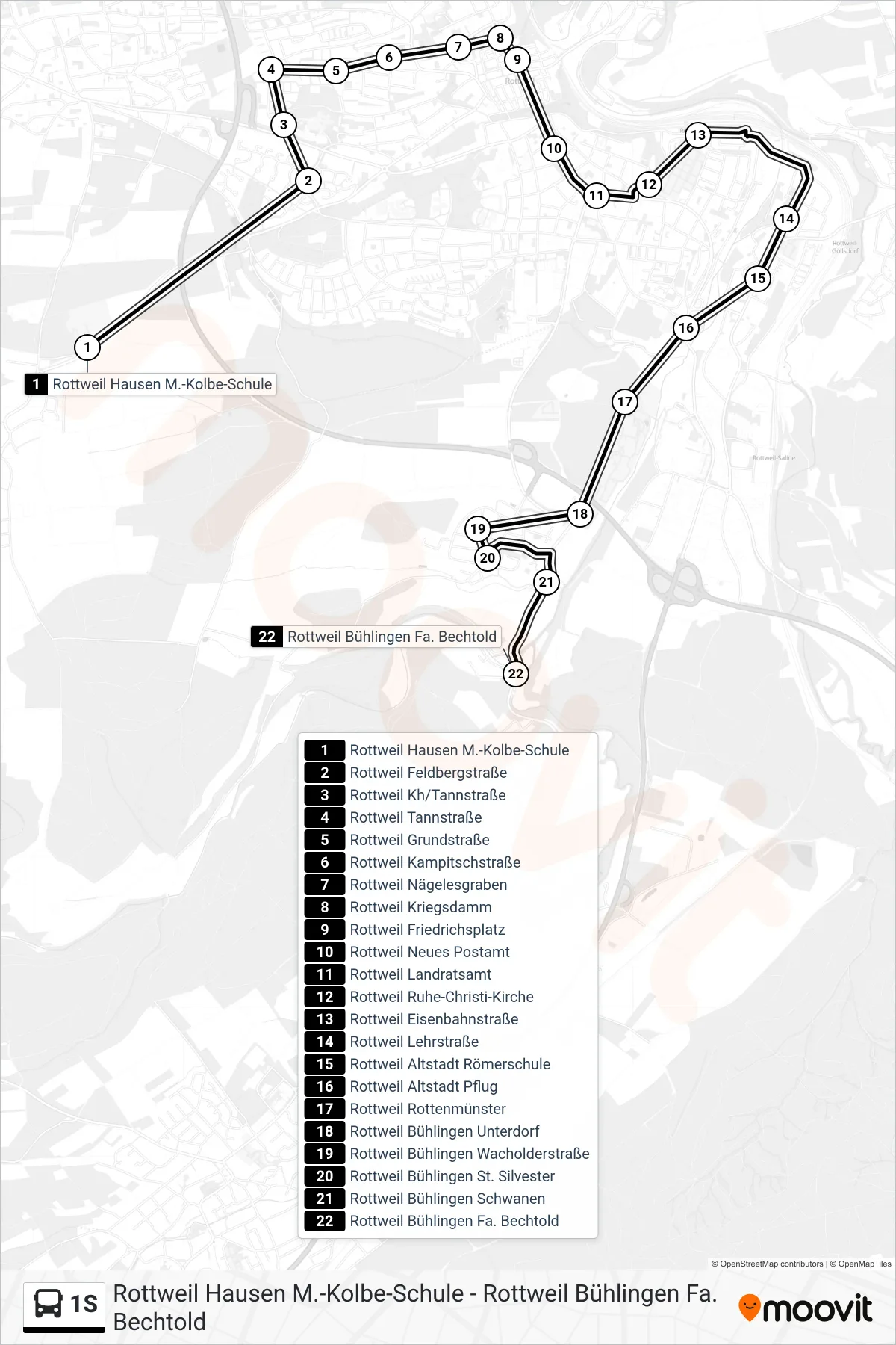 1S bus Line (Rottweil Bühlingen Fa. Bechtold) route and stops on a map