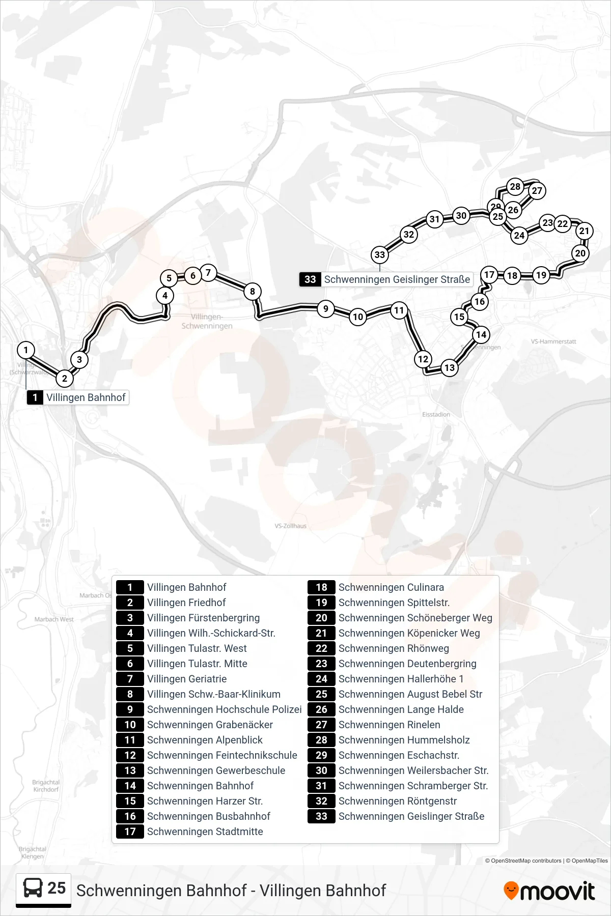 25 bus Line (Schwenningen Geislinger Straße) route and stops on a map