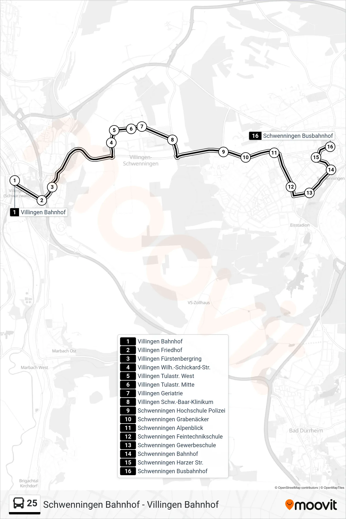 25 bus Line (Schwenningen Busbahnhof) route and stops on a map