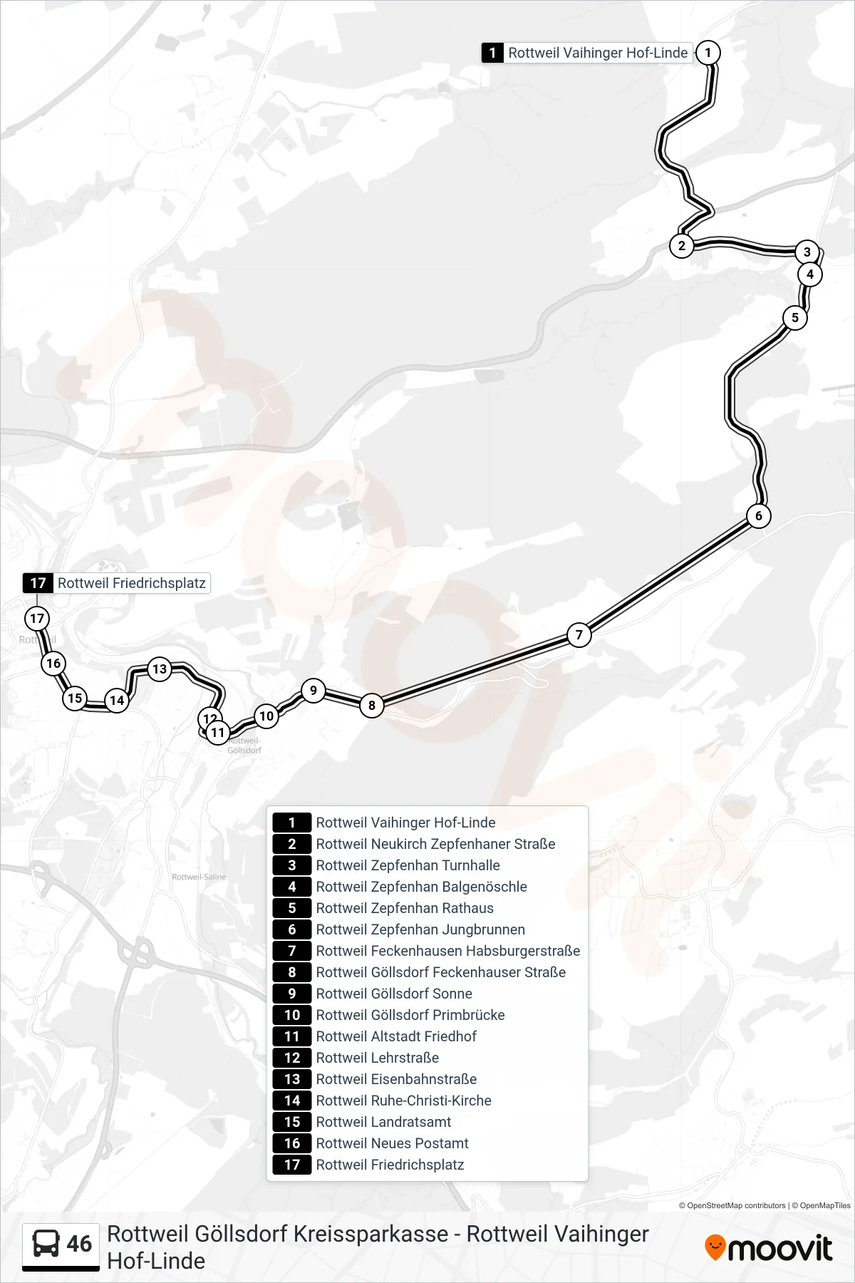 Linie 46 (Bus) Richtung Rottweil Friedrichsplatz: Route und Haltestellen auf der Karte