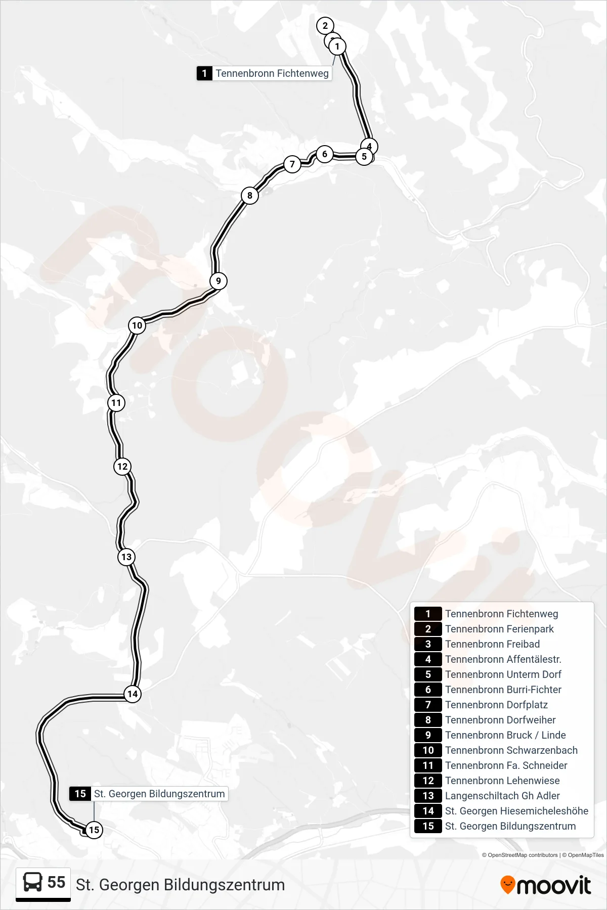 Linie 55 (Bus) Richtung St. Georgen Bildungszentrum: Route und Haltestellen auf der Karte