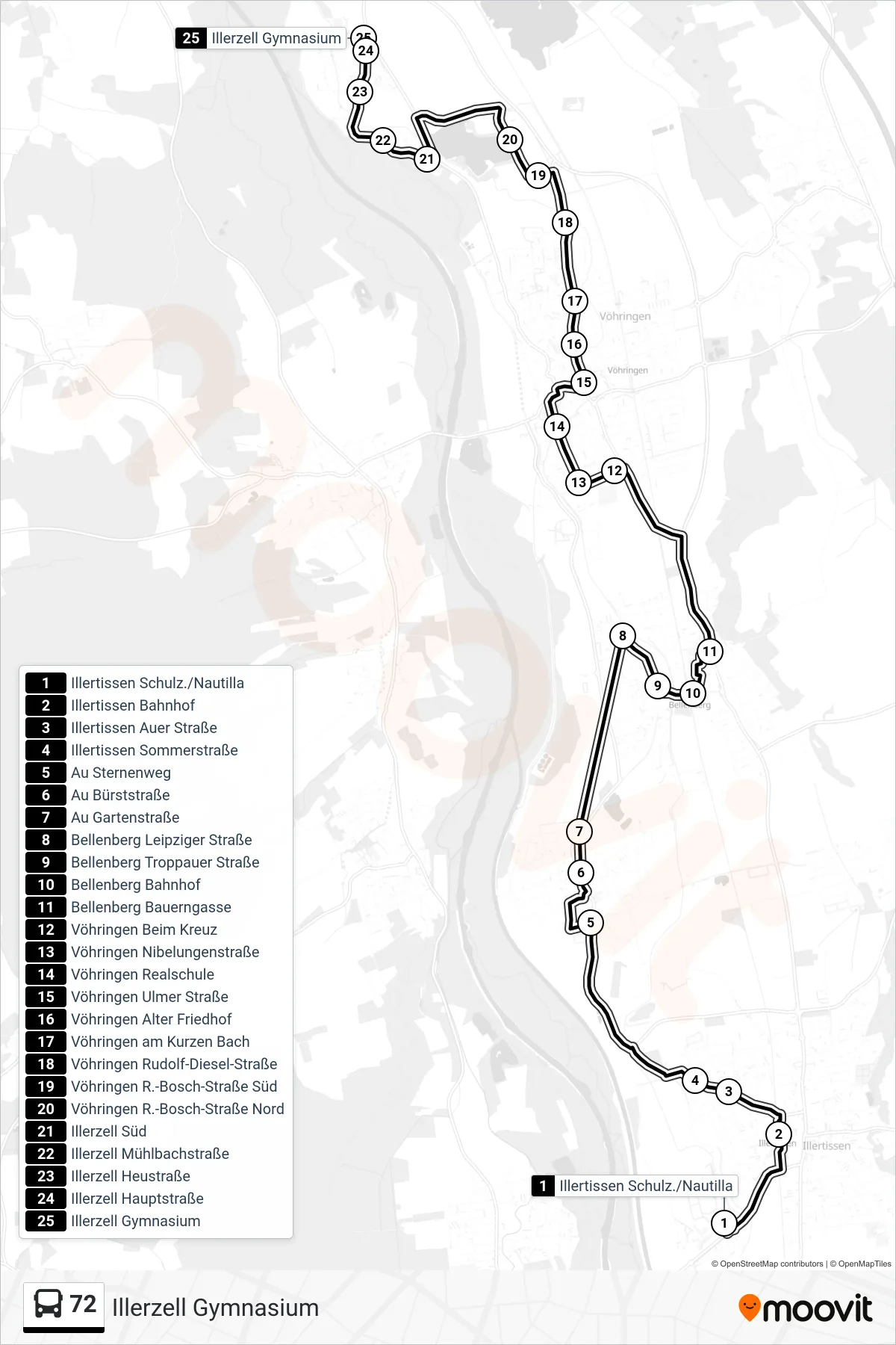72 bus Line (Illerzell Gymnasium) route and stops on a map