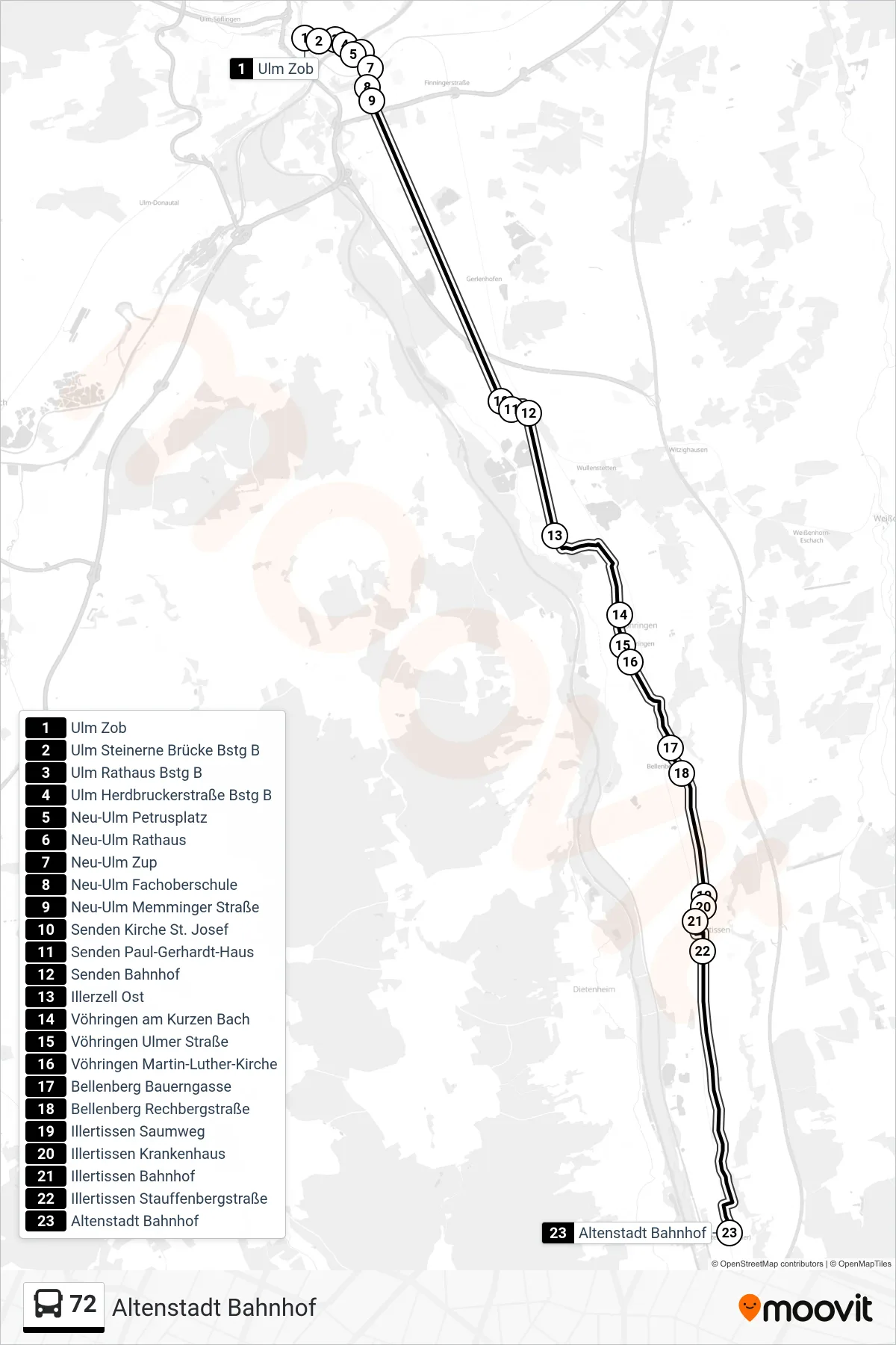 72 bus Line (Altenstadt Bahnhof) route and stops on a map