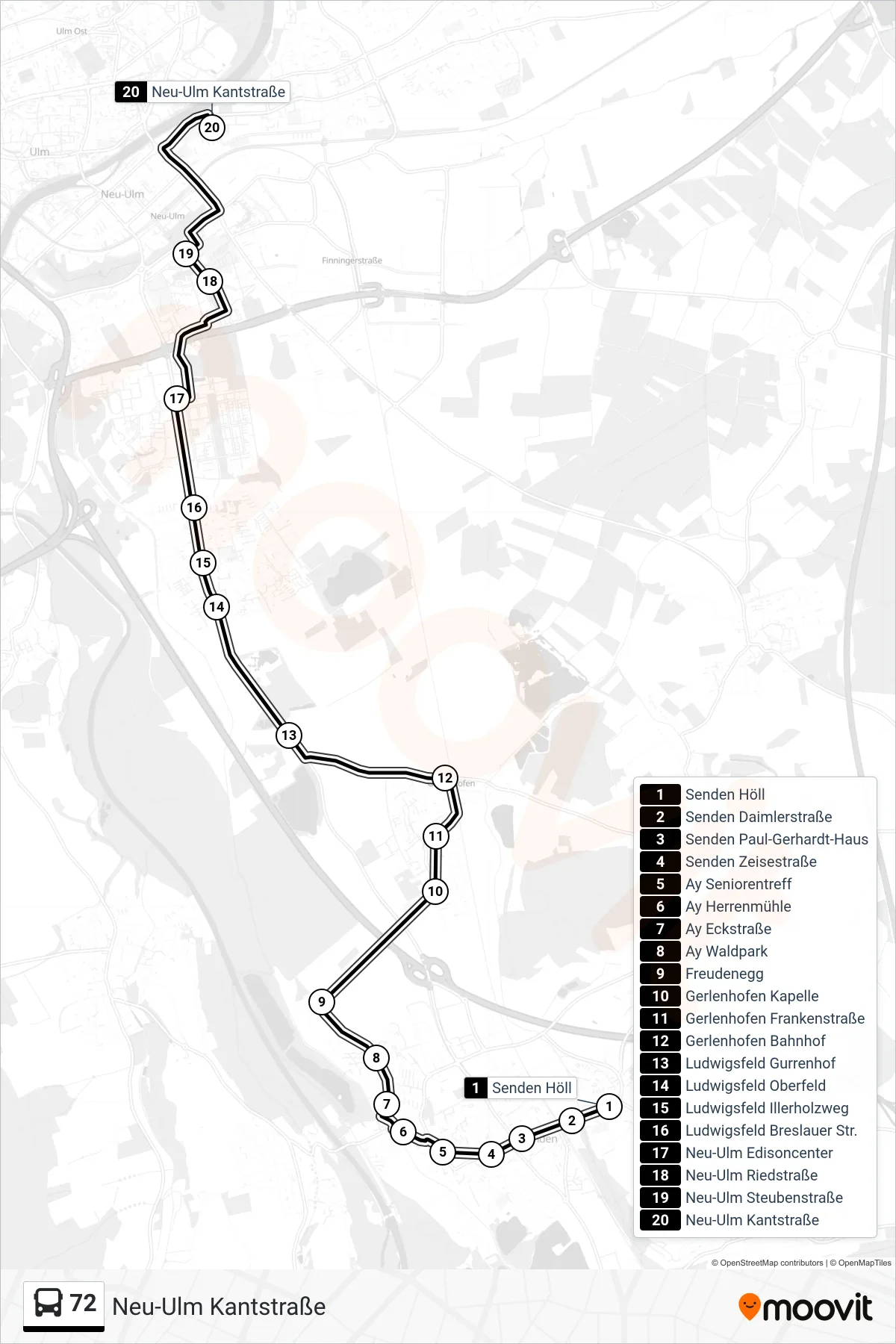72 bus Line (Neu-Ulm Kantstraße) route and stops on a map