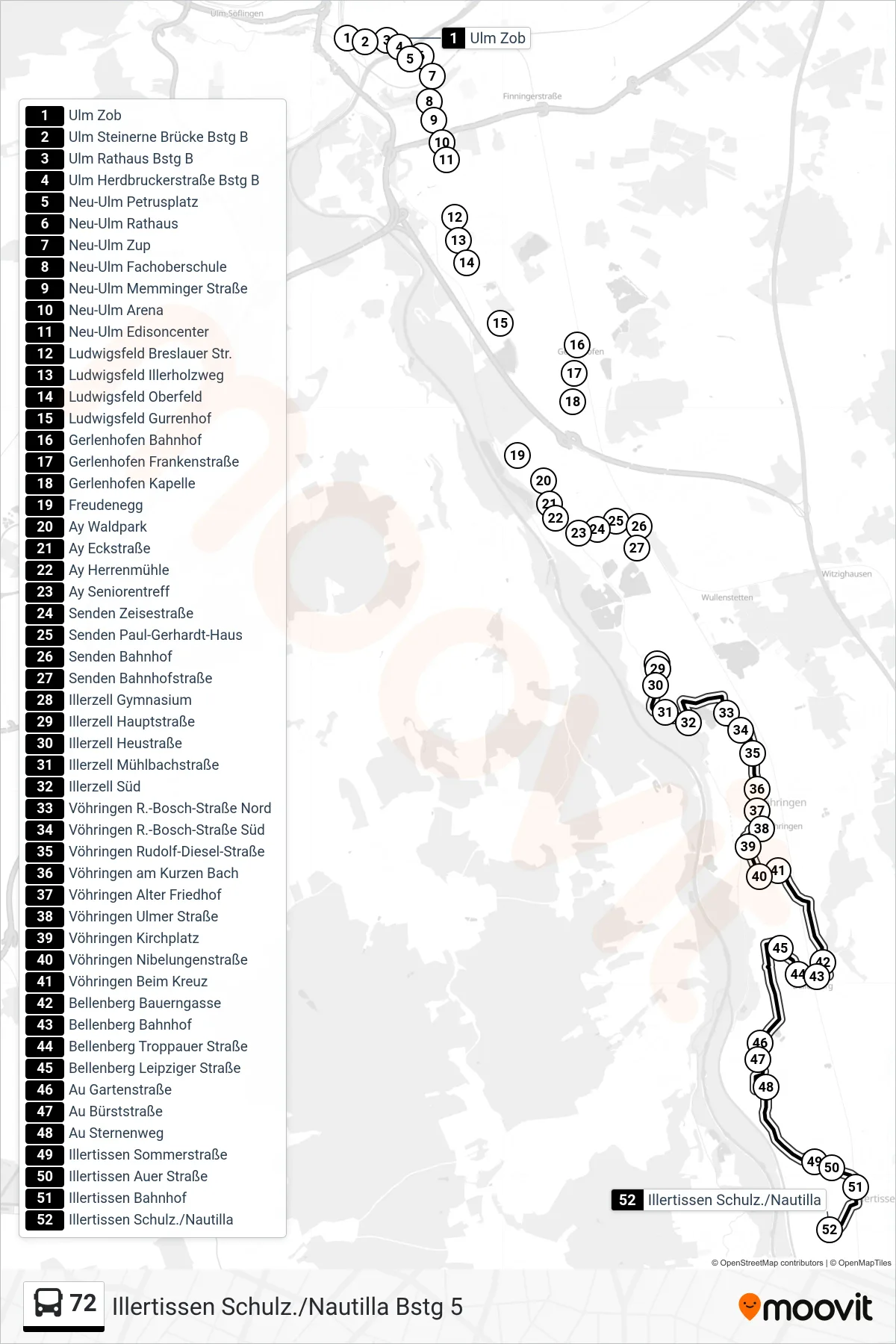 72 bus Line (Illertissen Schulz./Nautilla Bstg 5) route and stops on a map
