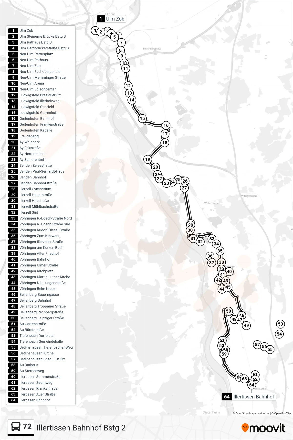 72 bus Line (Illertissen Bahnhof Bstg 2) route and stops on a map