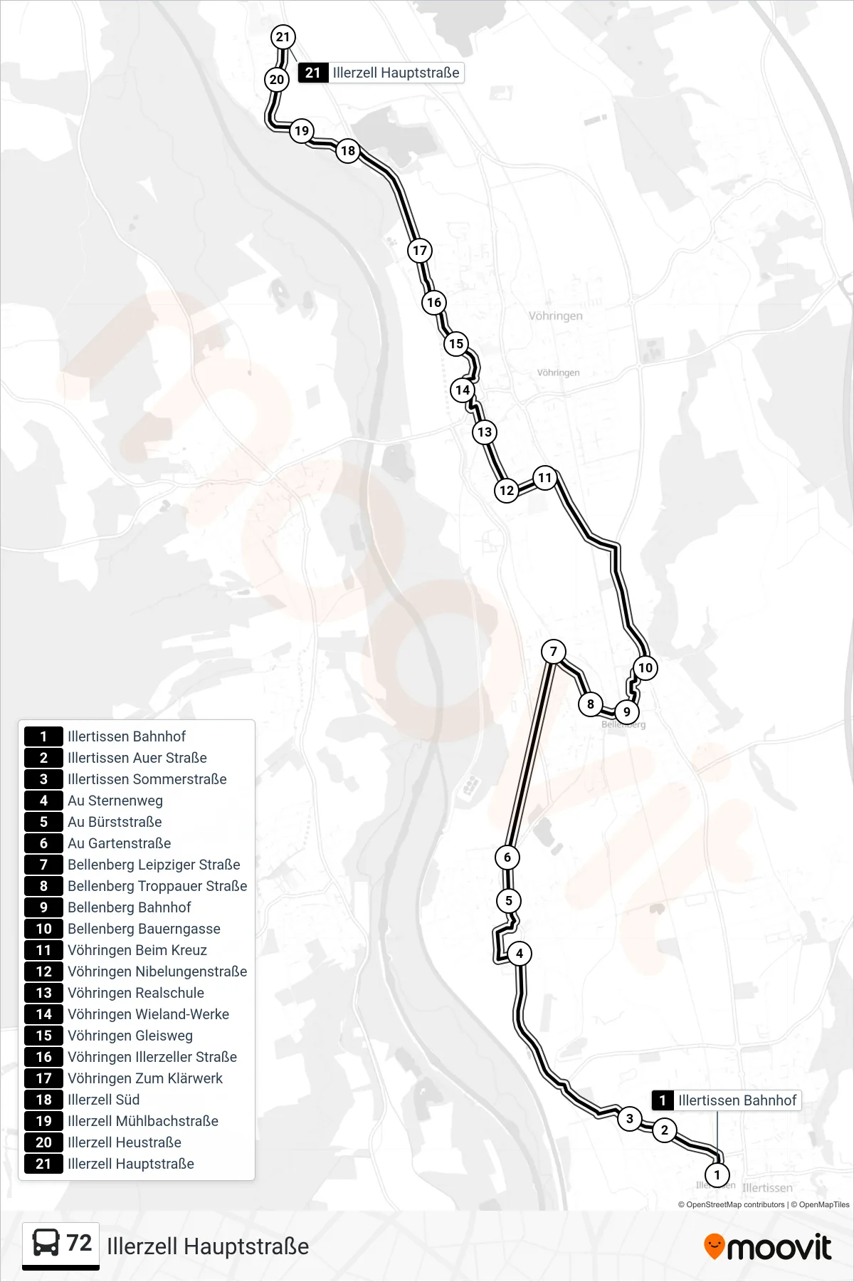 72 bus Line (Illerzell Hauptstraße) route and stops on a map