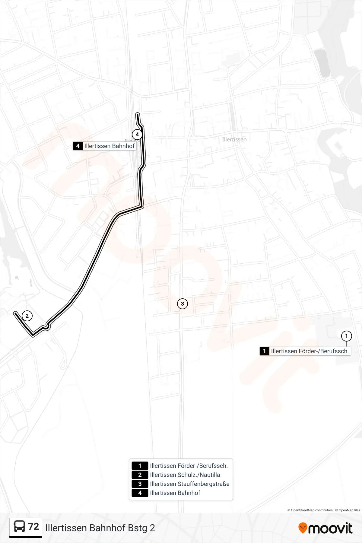 72 bus Line (Illertissen Bahnhof Bstg 2) route and stops on a map