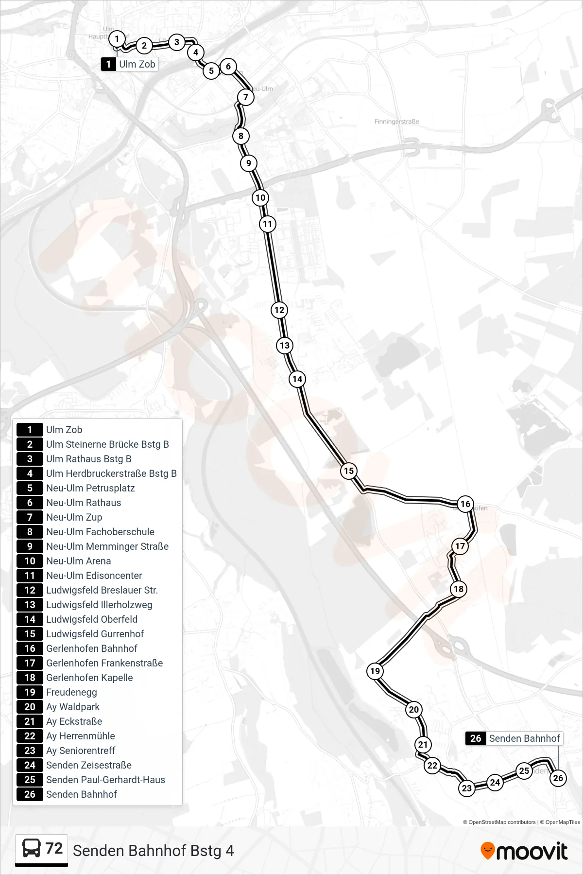 72 bus Line (Senden Bahnhof Bstg 4) route and stops on a map
