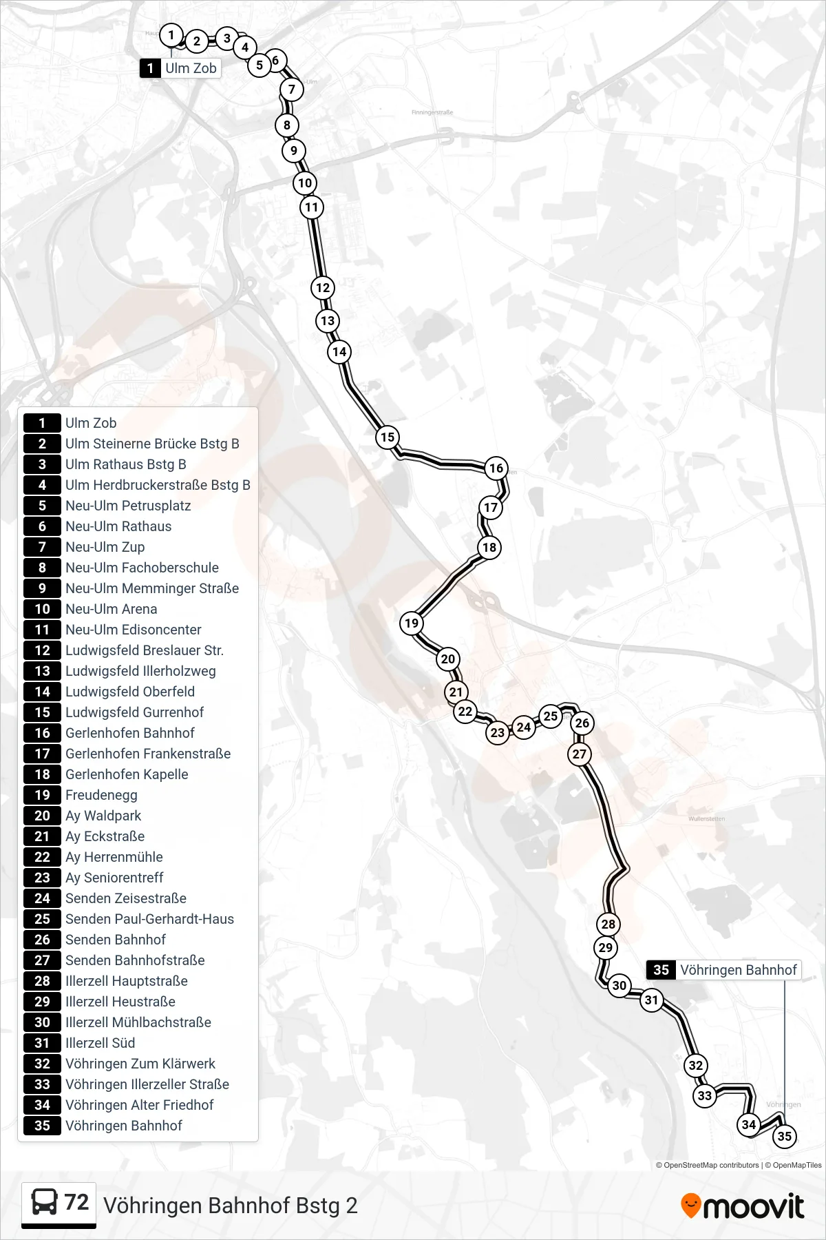 72 bus Line (Vöhringen Bahnhof Bstg 2) route and stops on a map