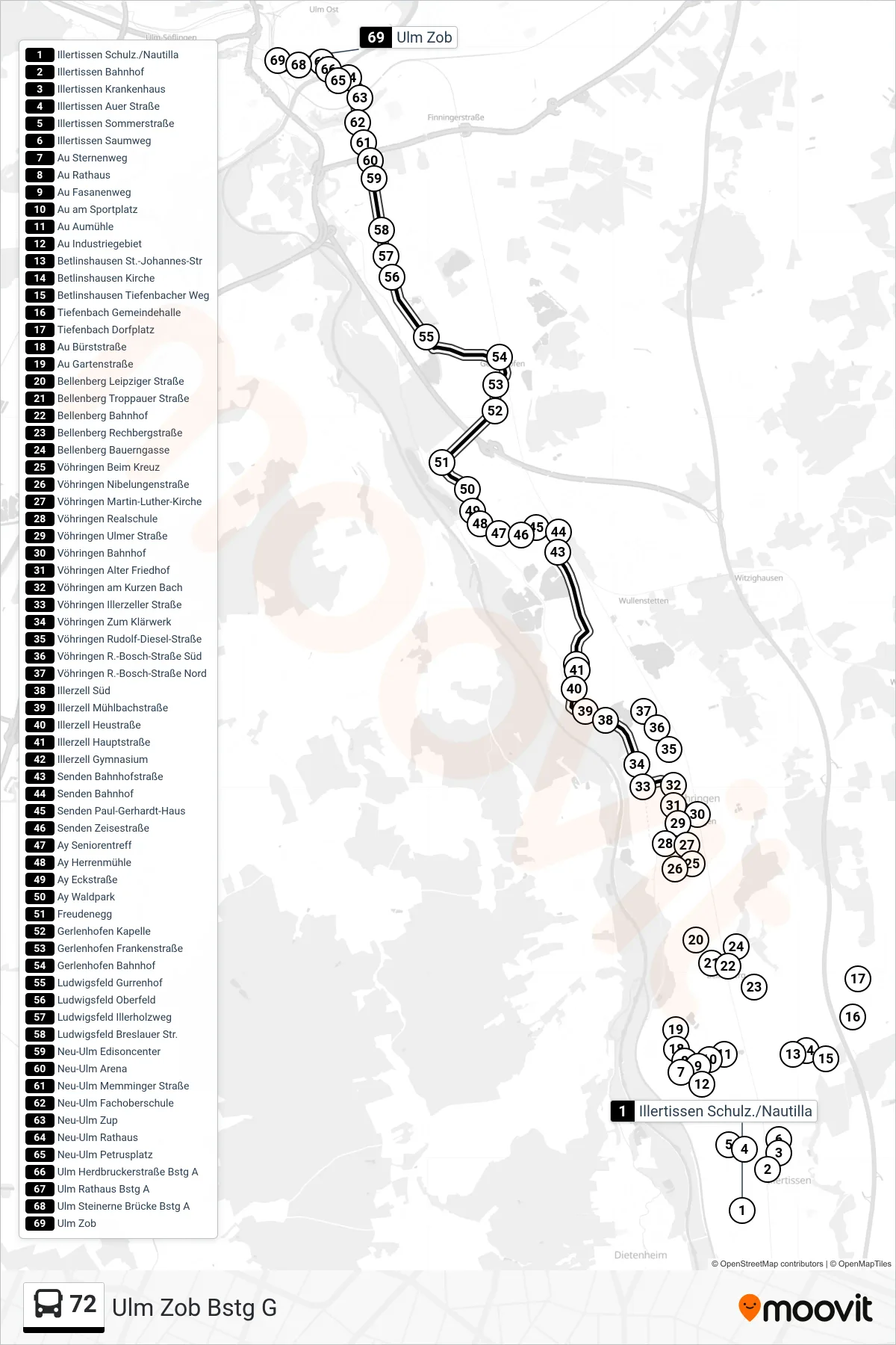 72 bus Line (Ulm Zob Bstg G) route and stops on a map