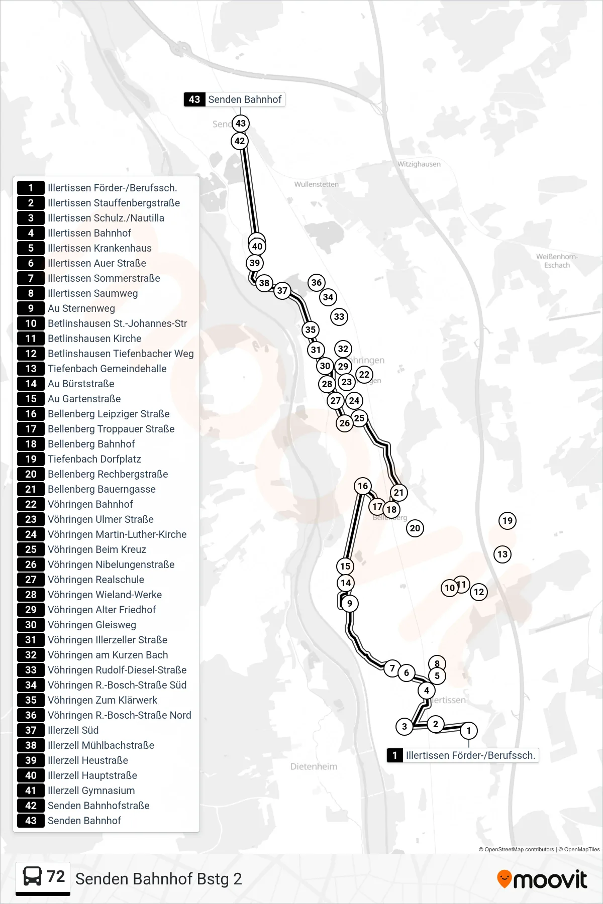72 bus Line (Senden Bahnhof Bstg 2) route and stops on a map