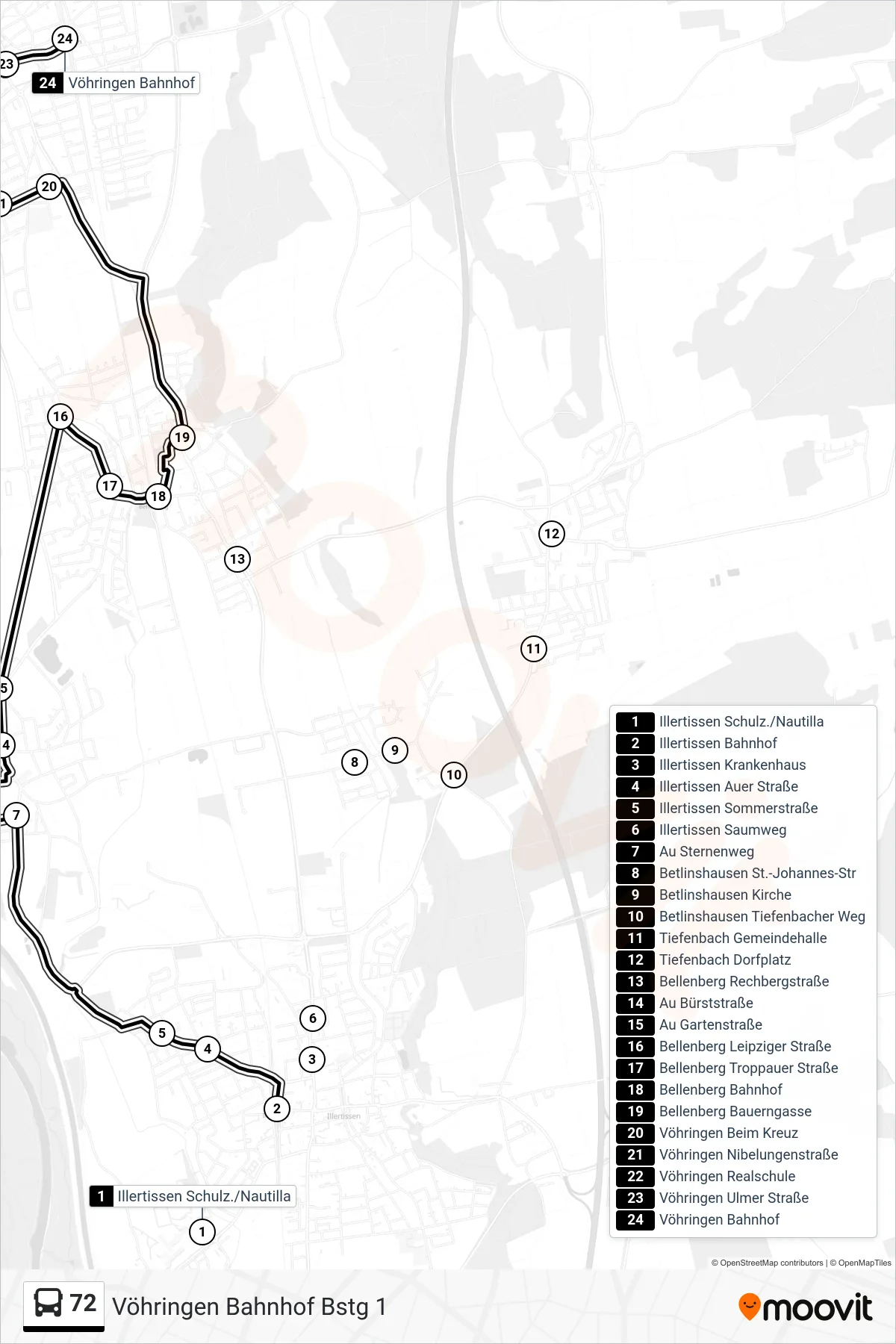 72 bus Line (Vöhringen Bahnhof Bstg 1) route and stops on a map