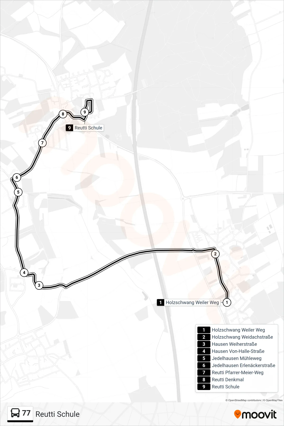 77 bus Line (Reutti Schule) route and stops on a map