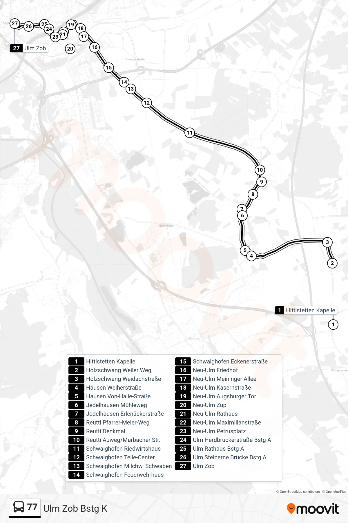 77 bus Line (Ulm Zob Bstg K) route and stops on a map
