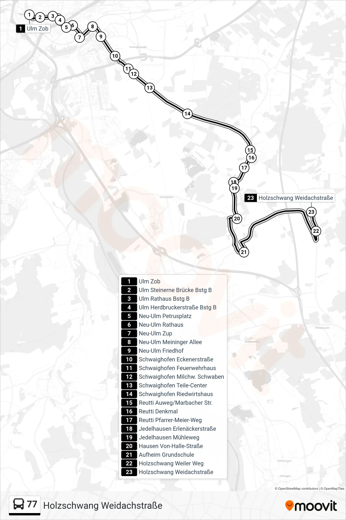 77 bus Line (Holzschwang Weidachstraße) route and stops on a map