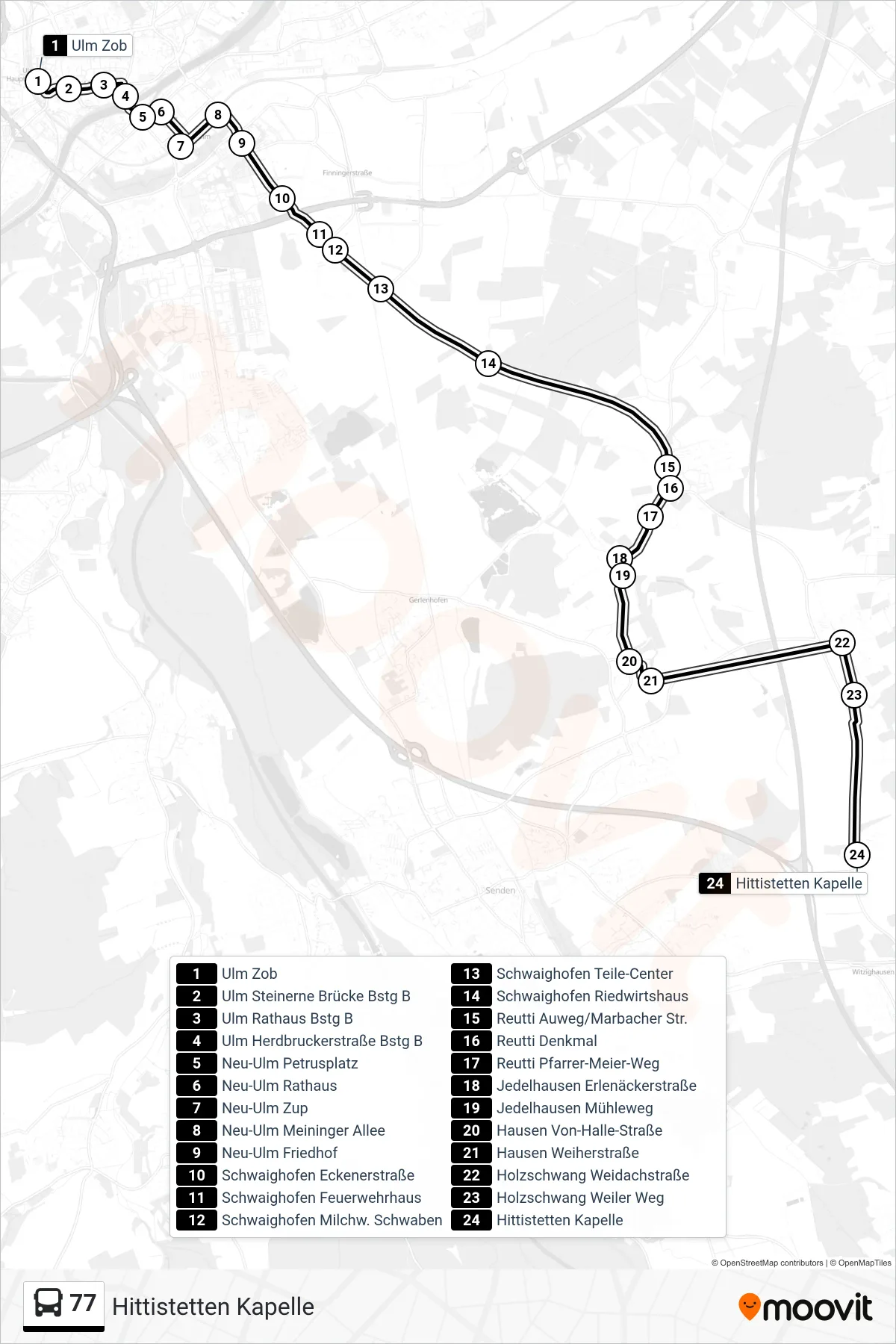 77 bus Line (Hittistetten Kapelle) route and stops on a map