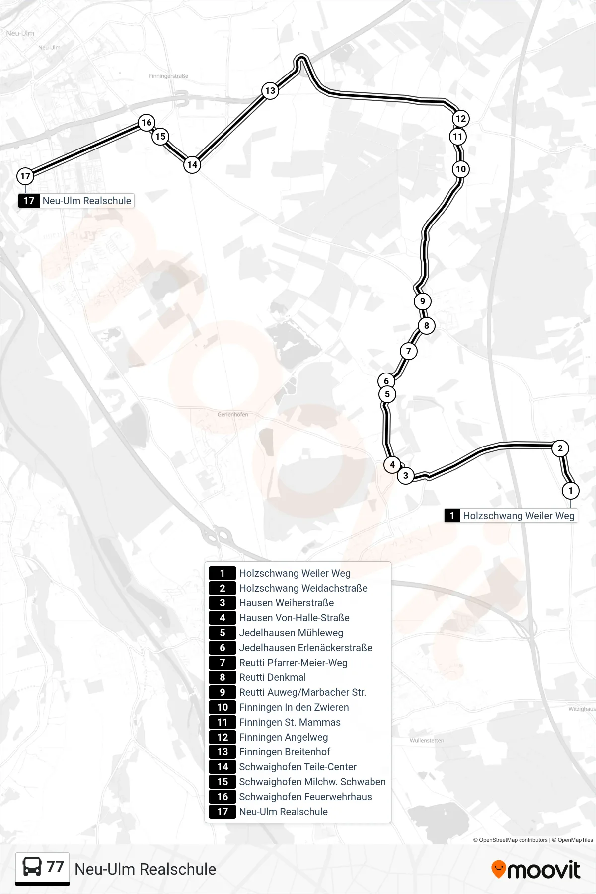 77 bus Line (Neu-Ulm Realschule) route and stops on a map