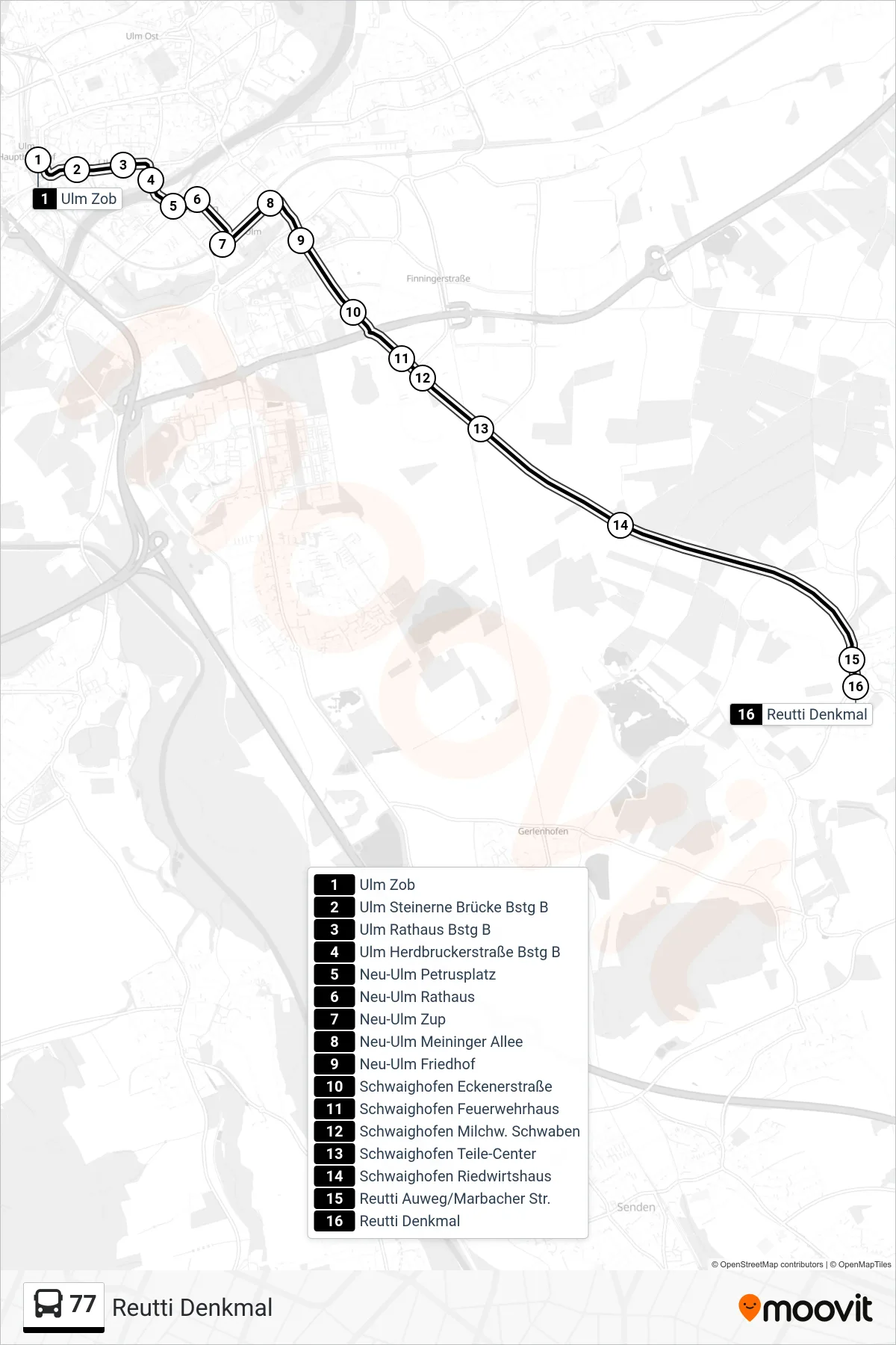 77 bus Line (Reutti Denkmal) route and stops on a map