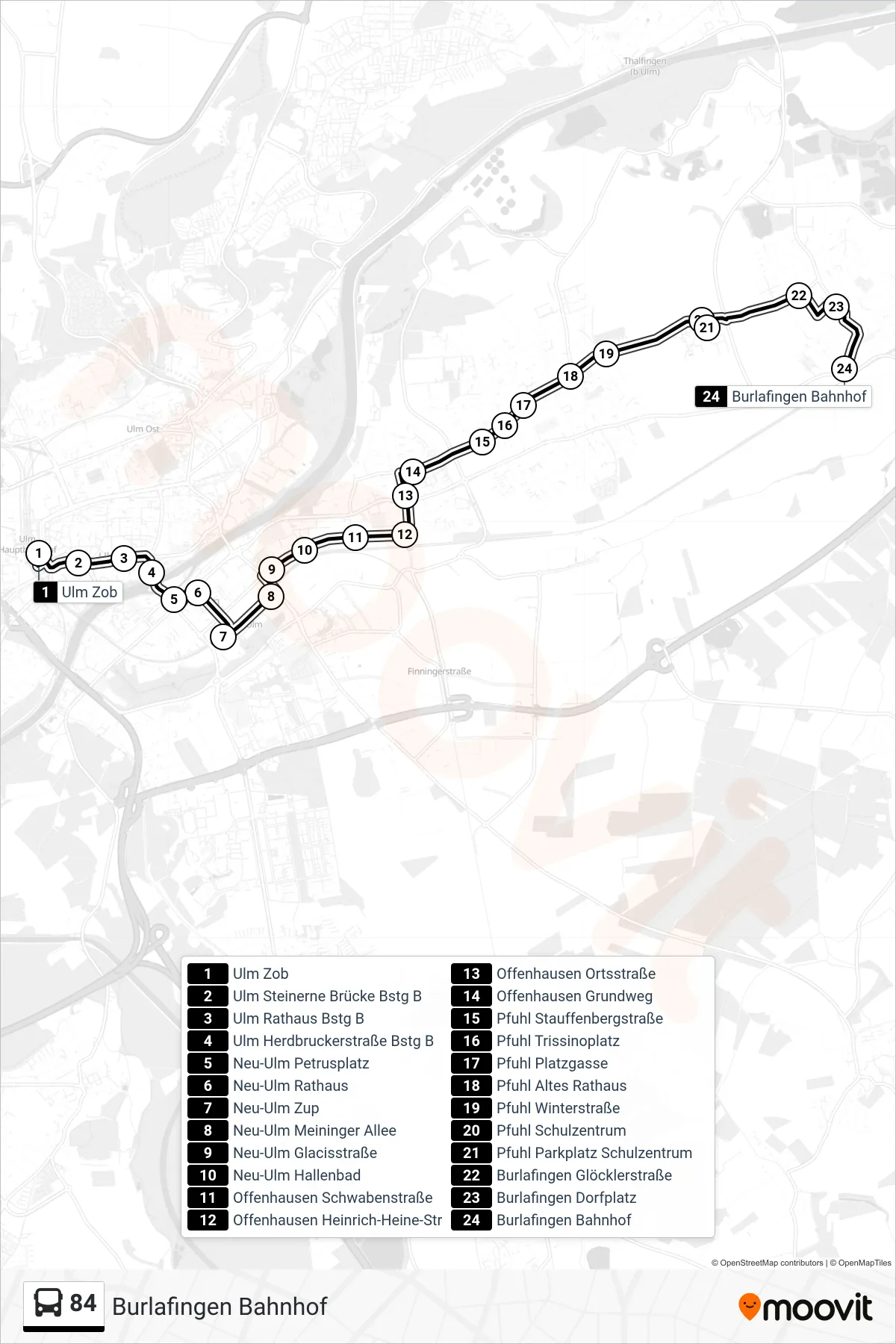 84 bus Line (Burlafingen Bahnhof) route and stops on a map