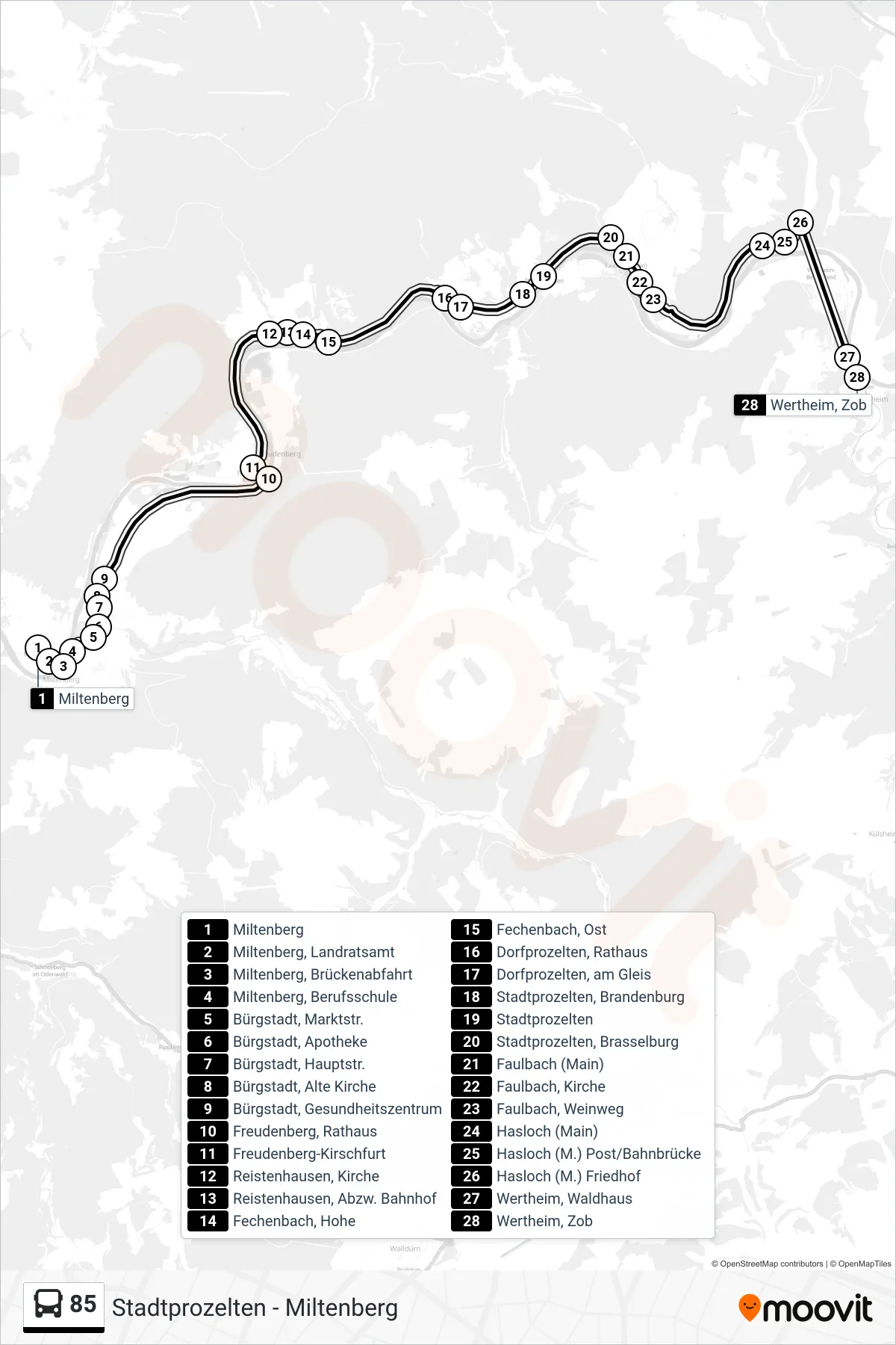 85 bus Line (Wertheim, Zob Bstg 2) route and stops on a map