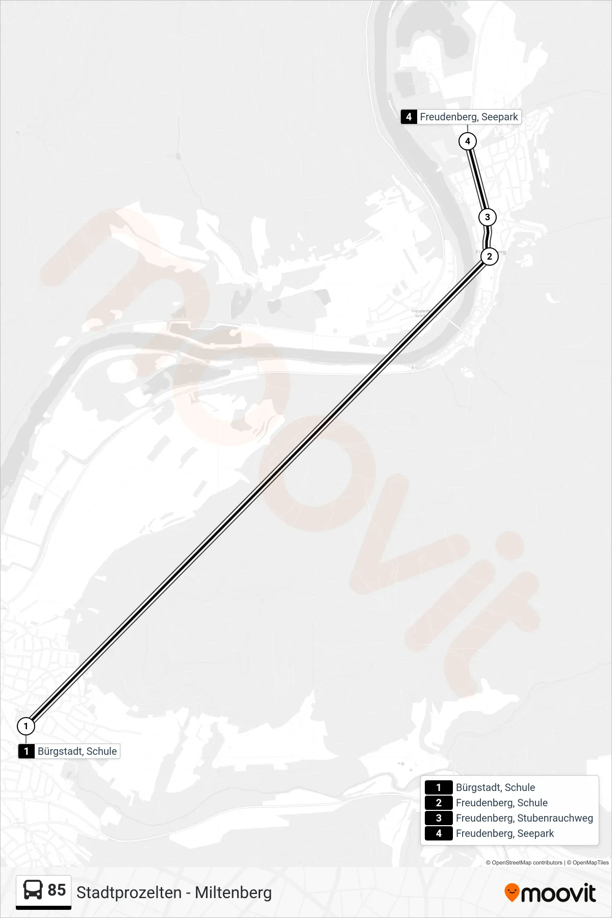 85 bus Line (Freudenberg, Seepark) route and stops on a map