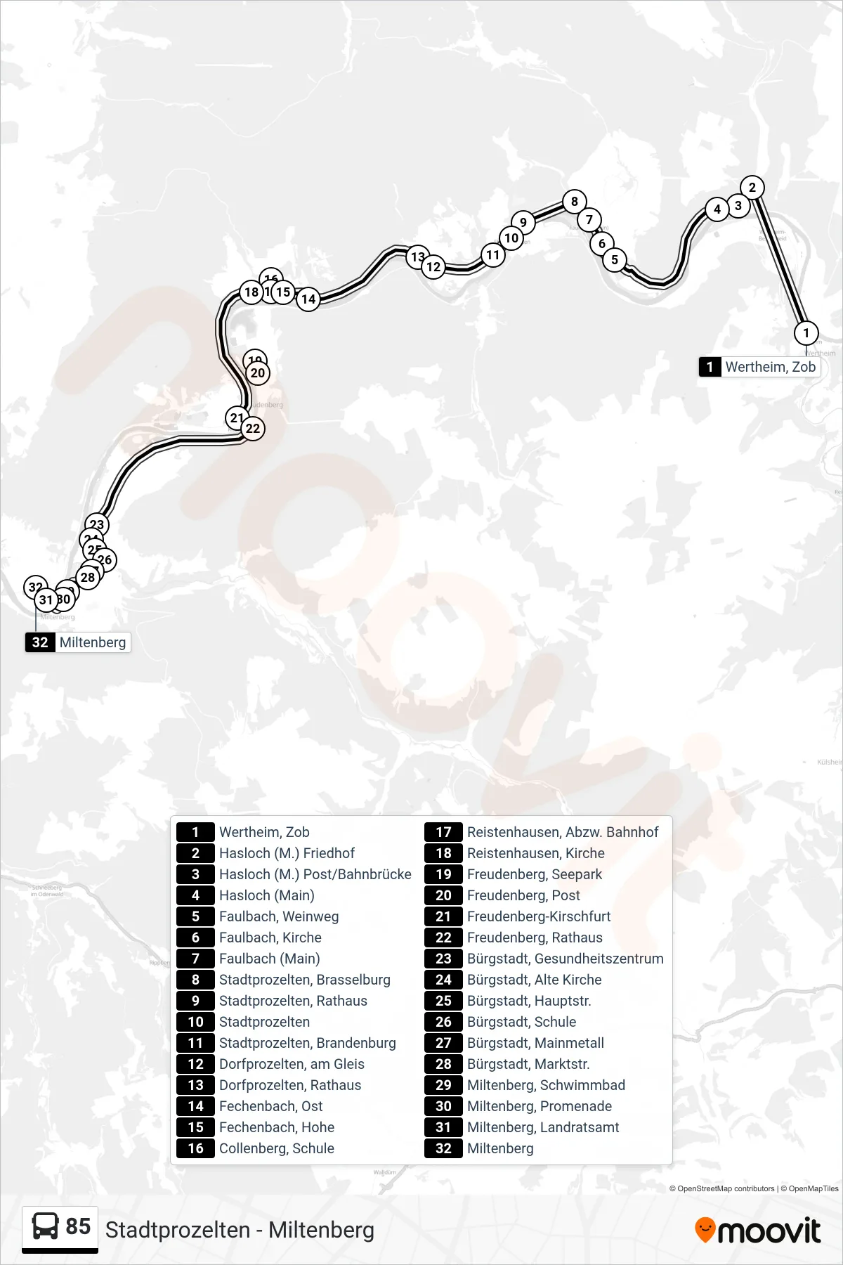 85 bus Line (Miltenberg) route and stops on a map