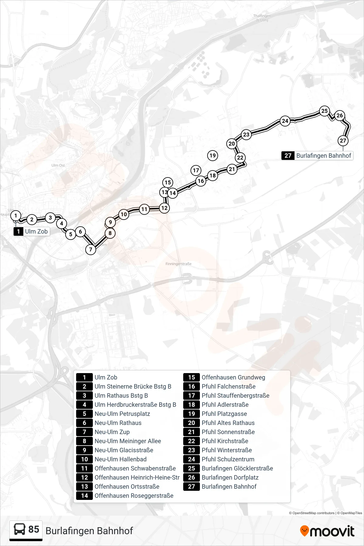 85 bus Line (Burlafingen Bahnhof) route and stops on a map