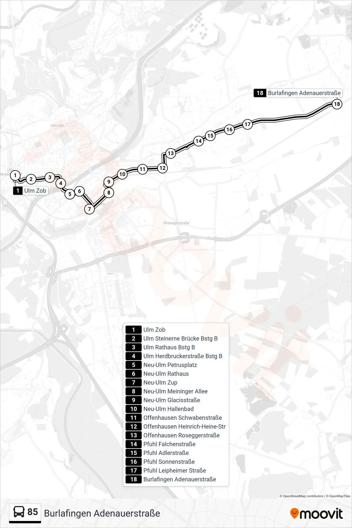 85 bus Line (Burlafingen Adenauerstraße) route and stops on a map