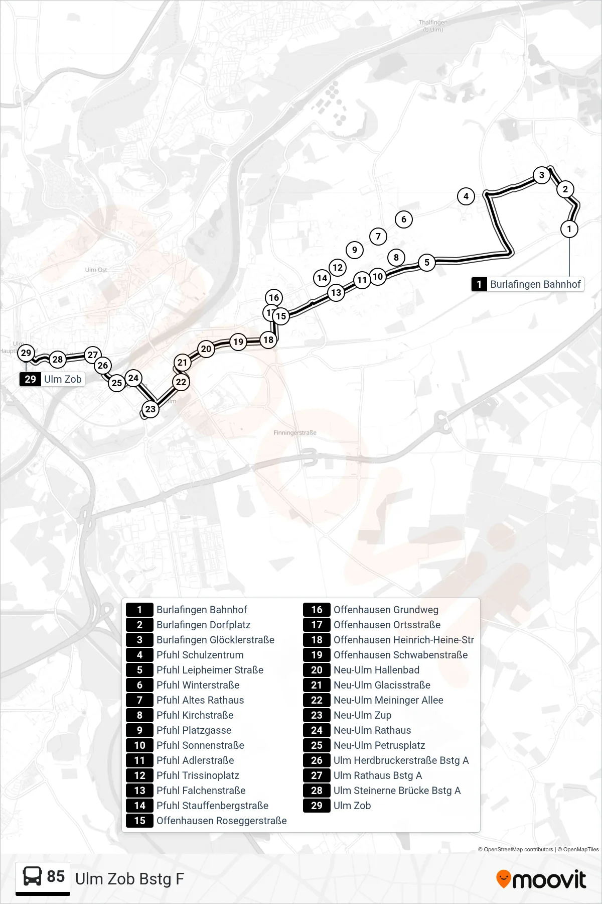 85 bus Line (Ulm Zob Bstg F) route and stops on a map