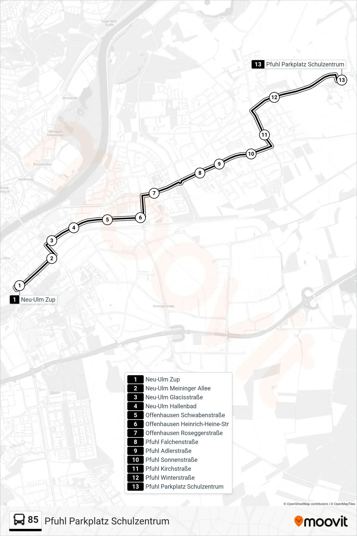 Linie 85 (Bus) Richtung Pfuhl Parkplatz Schulzentrum: Route und Haltestellen auf der Karte