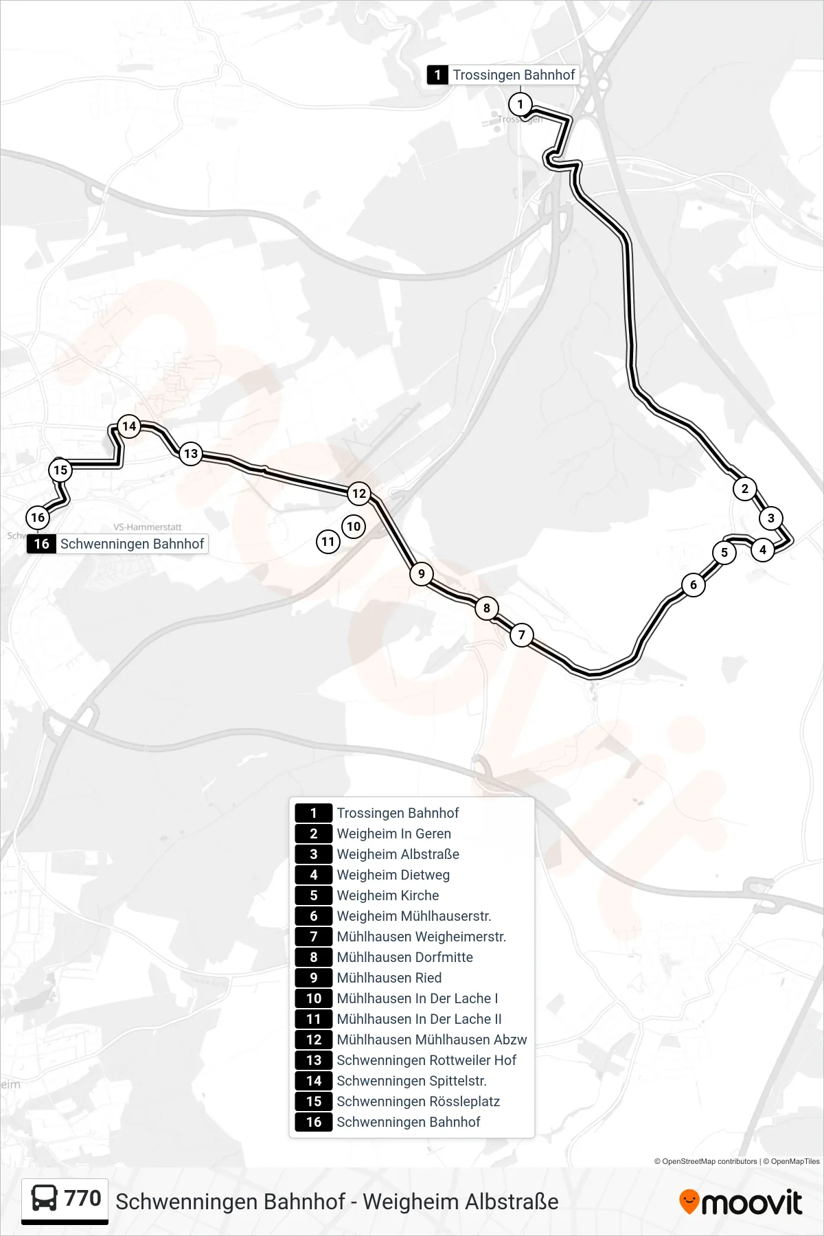 770 bus Line (Schwenningen Bahnhof) route and stops on a map