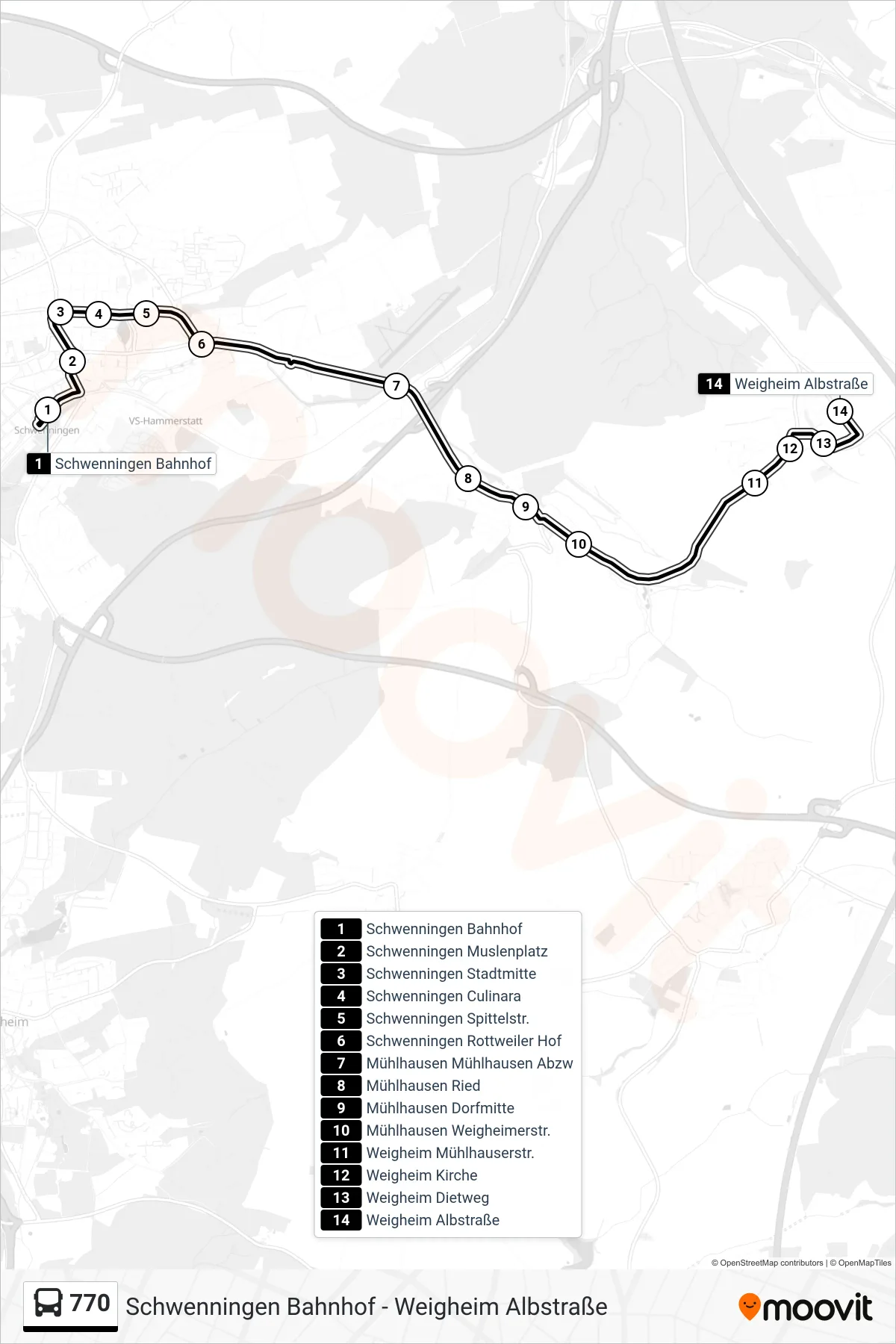 Linie 770 (Bus) Richtung Weigheim Albstraße: Route und Haltestellen auf der Karte