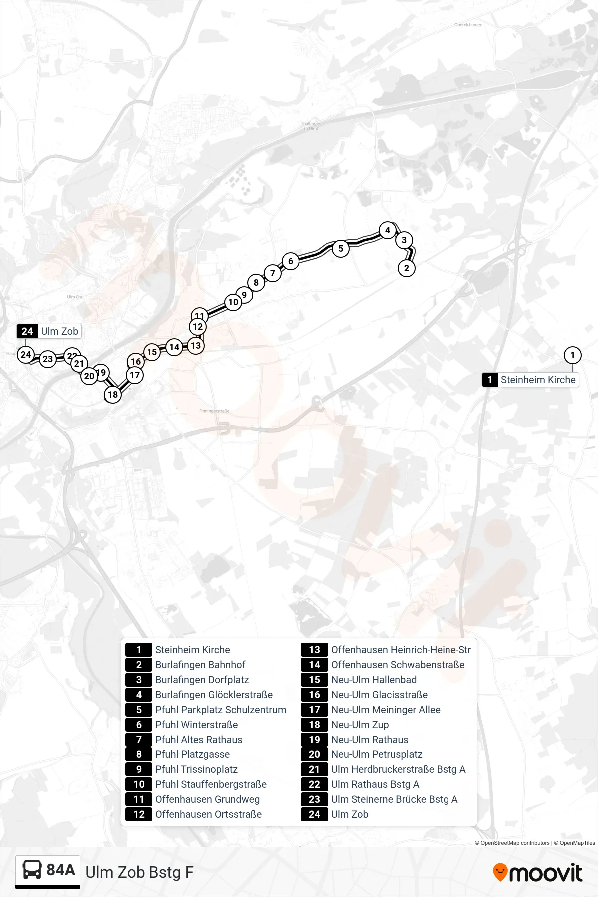 Linie 84A (Bus) Richtung Ulm Zob Bstg F: Route und Haltestellen auf der Karte