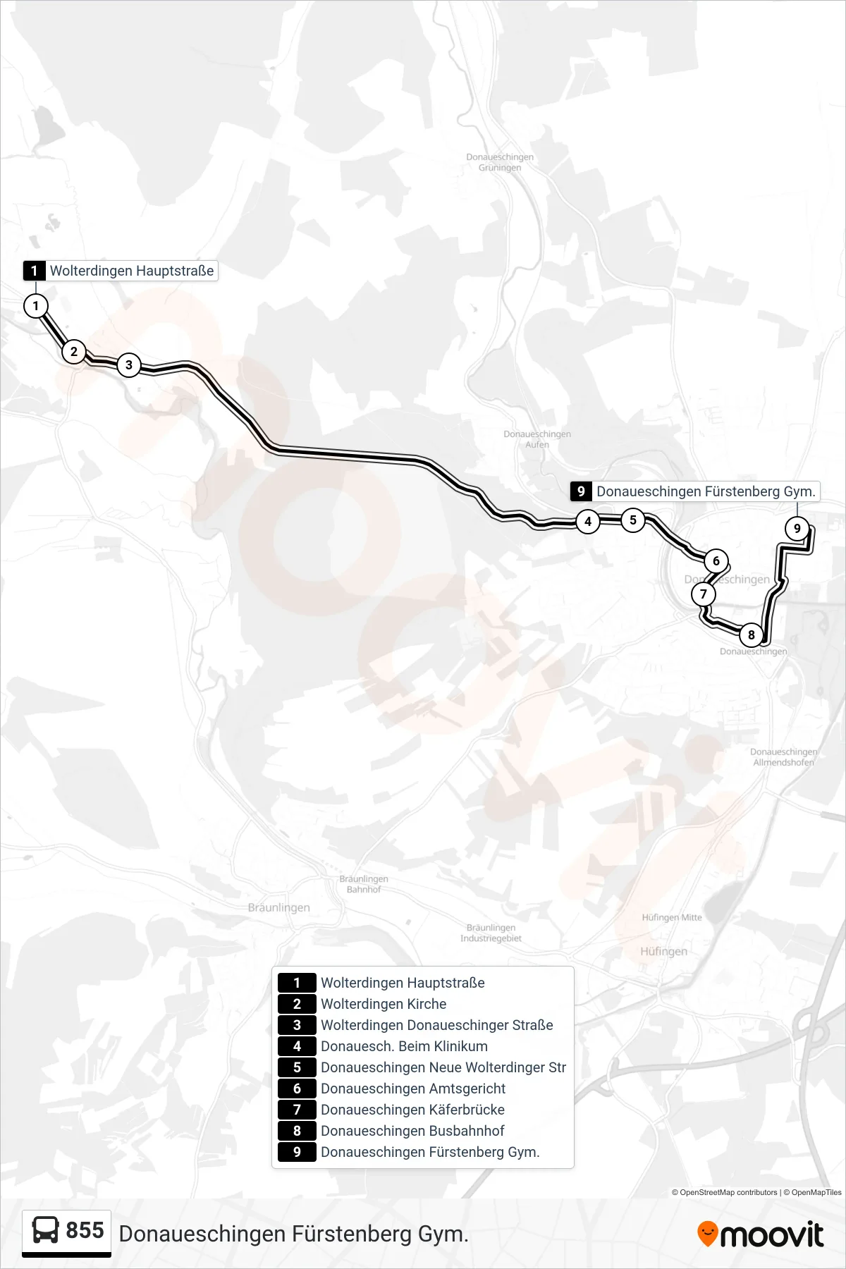 855 bus Line (Donaueschingen Fürstenberg Gym.) route and stops on a map