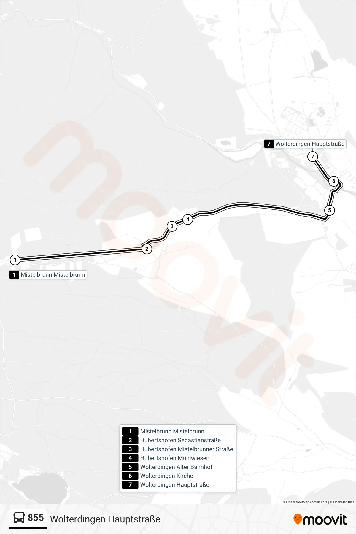 855 bus Line (Wolterdingen Hauptstraße) route and stops on a map