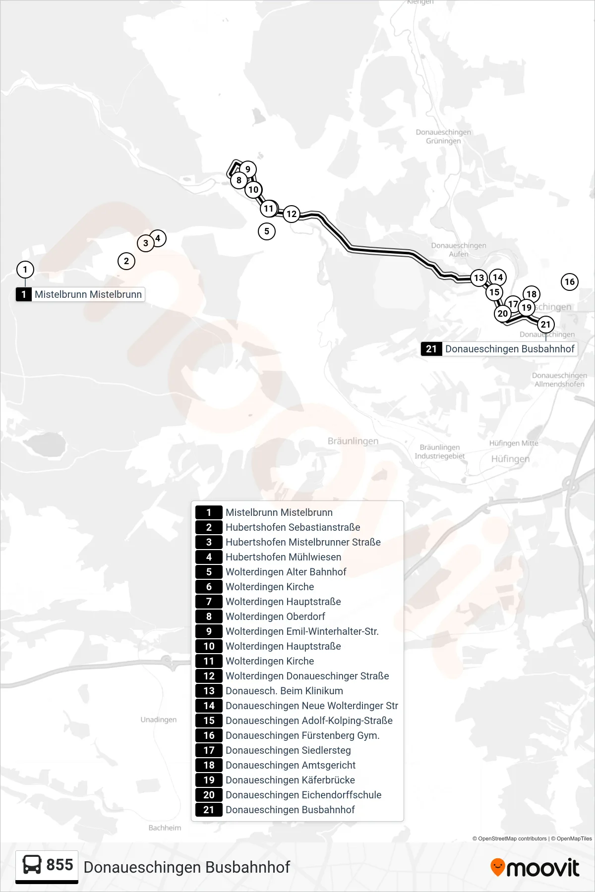 855 bus Line (Donaueschingen Busbahnhof) route and stops on a map