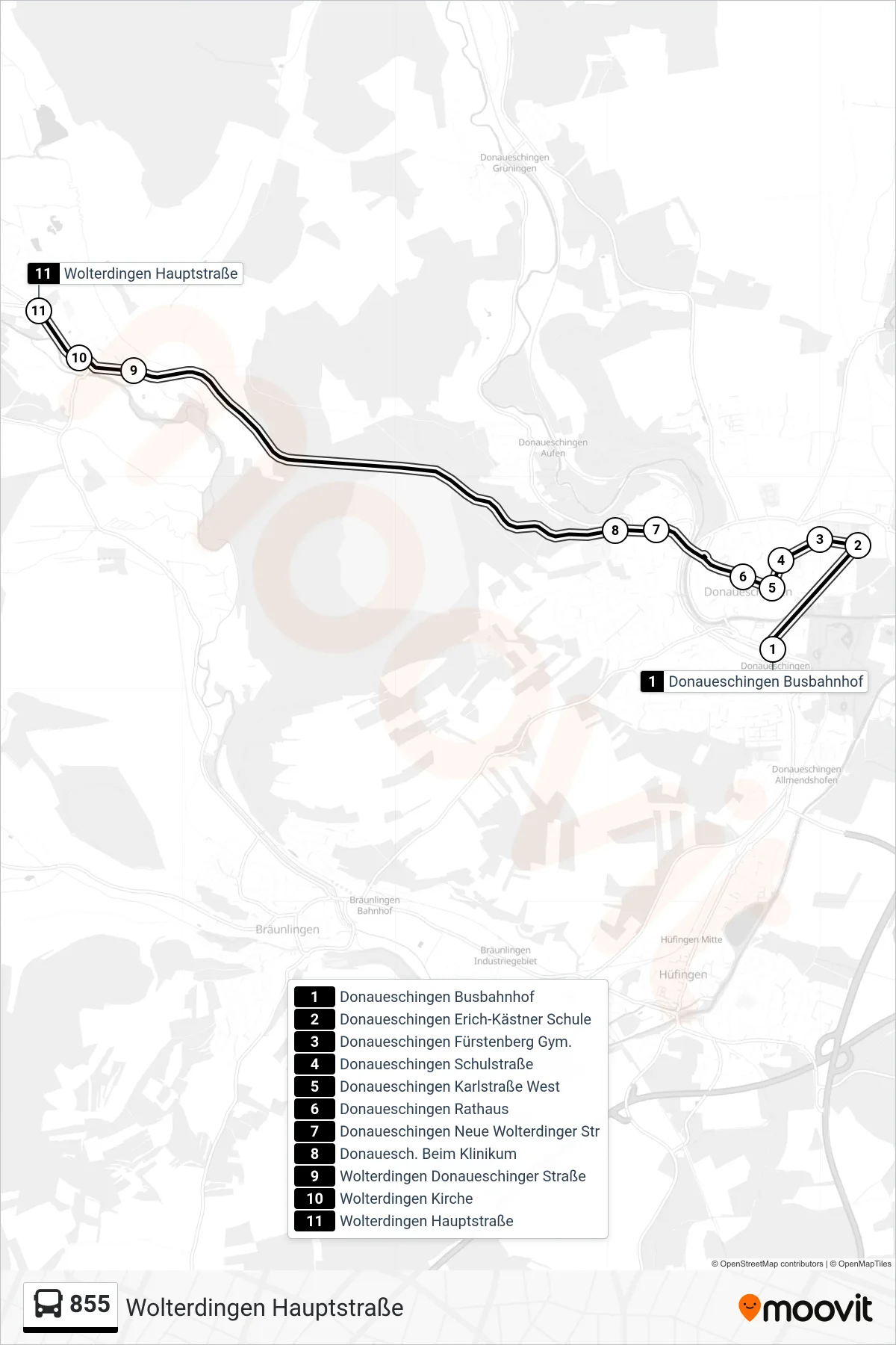 855 bus Line (Wolterdingen Hauptstraße) route and stops on a map