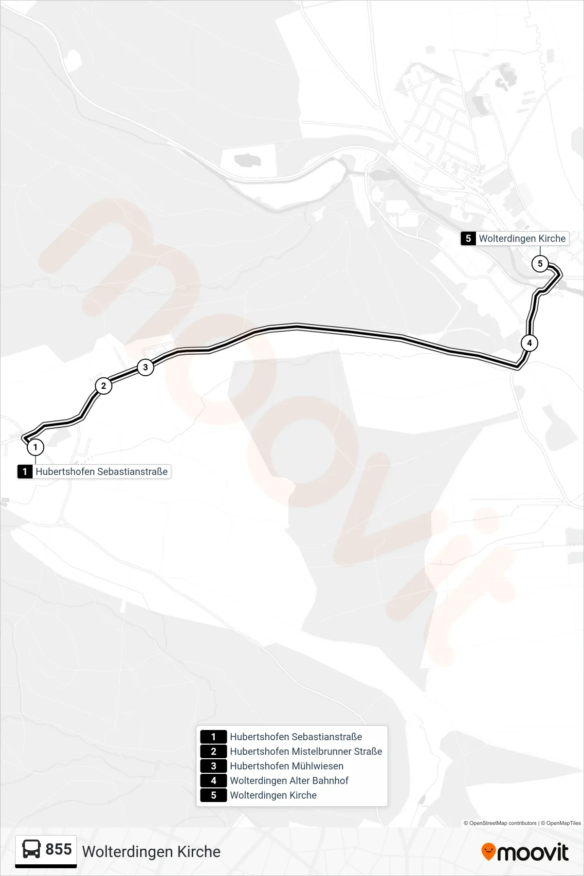 855 bus Line (Wolterdingen Kirche) route and stops on a map