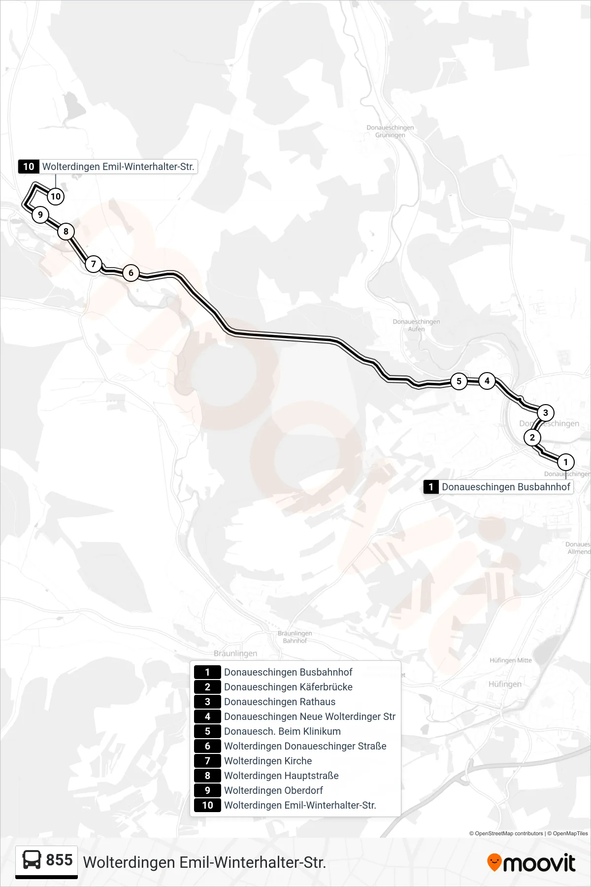 855 bus Line (Wolterdingen Emil-Winterhalter-Str.) route and stops on a map