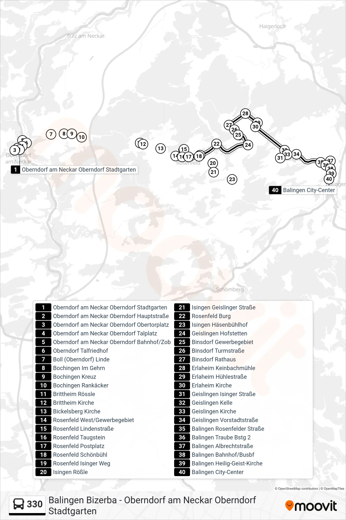 Linie 330 (Bus) Richtung Balingen City-Center: Route und Haltestellen auf der Karte