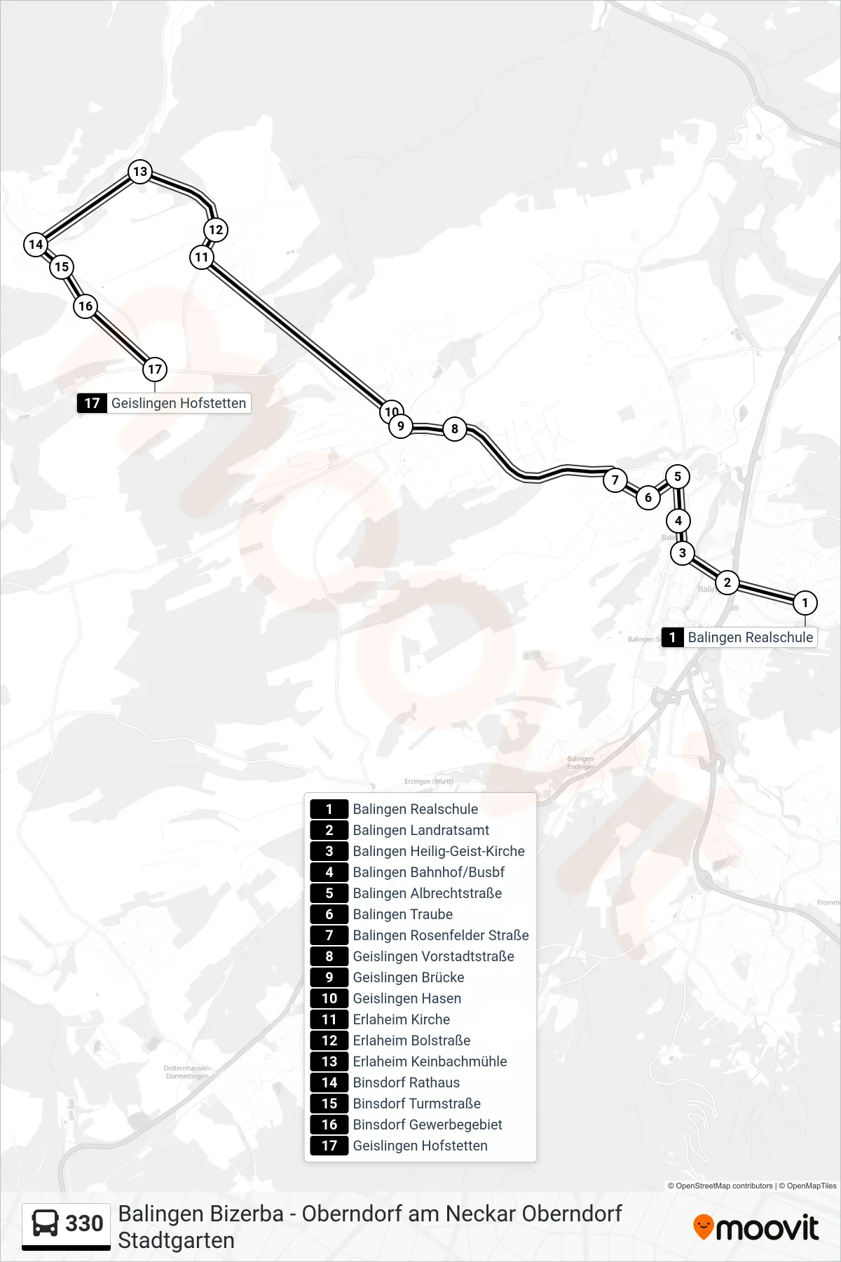 330 bus Line (Geislingen Hofstetten) route and stops on a map