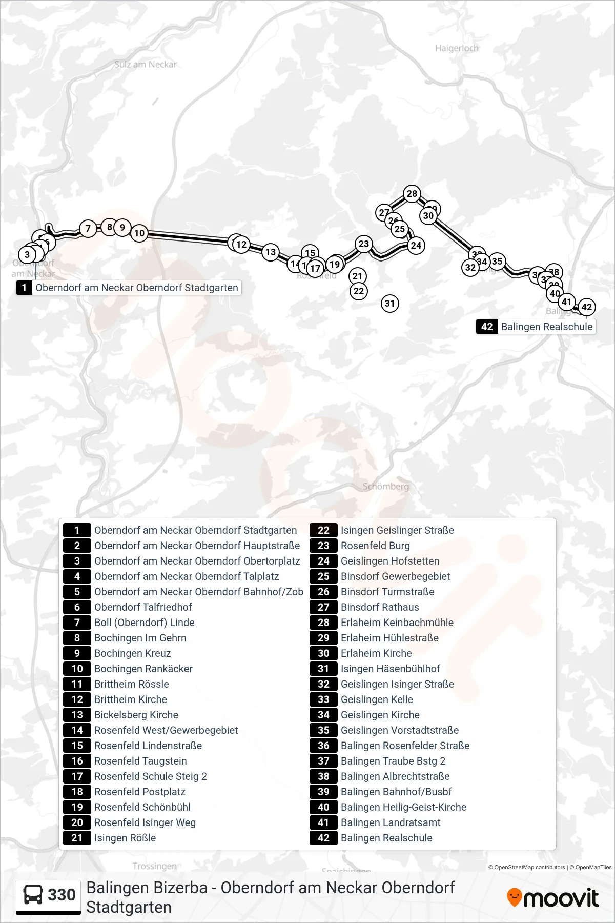 330 bus Line (Balingen Realschule) route and stops on a map